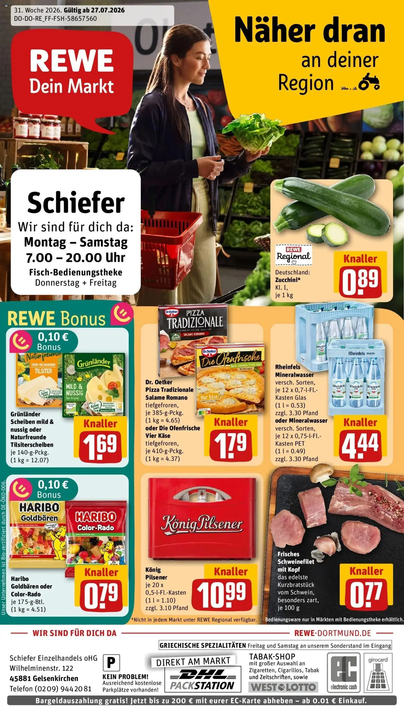 Rewe Prospekt Gelsenkirchen – gültig ab 27.07.2026 | Seite: 1 | Produkte: Haribo, Käse, Schweinefilet, Telefon