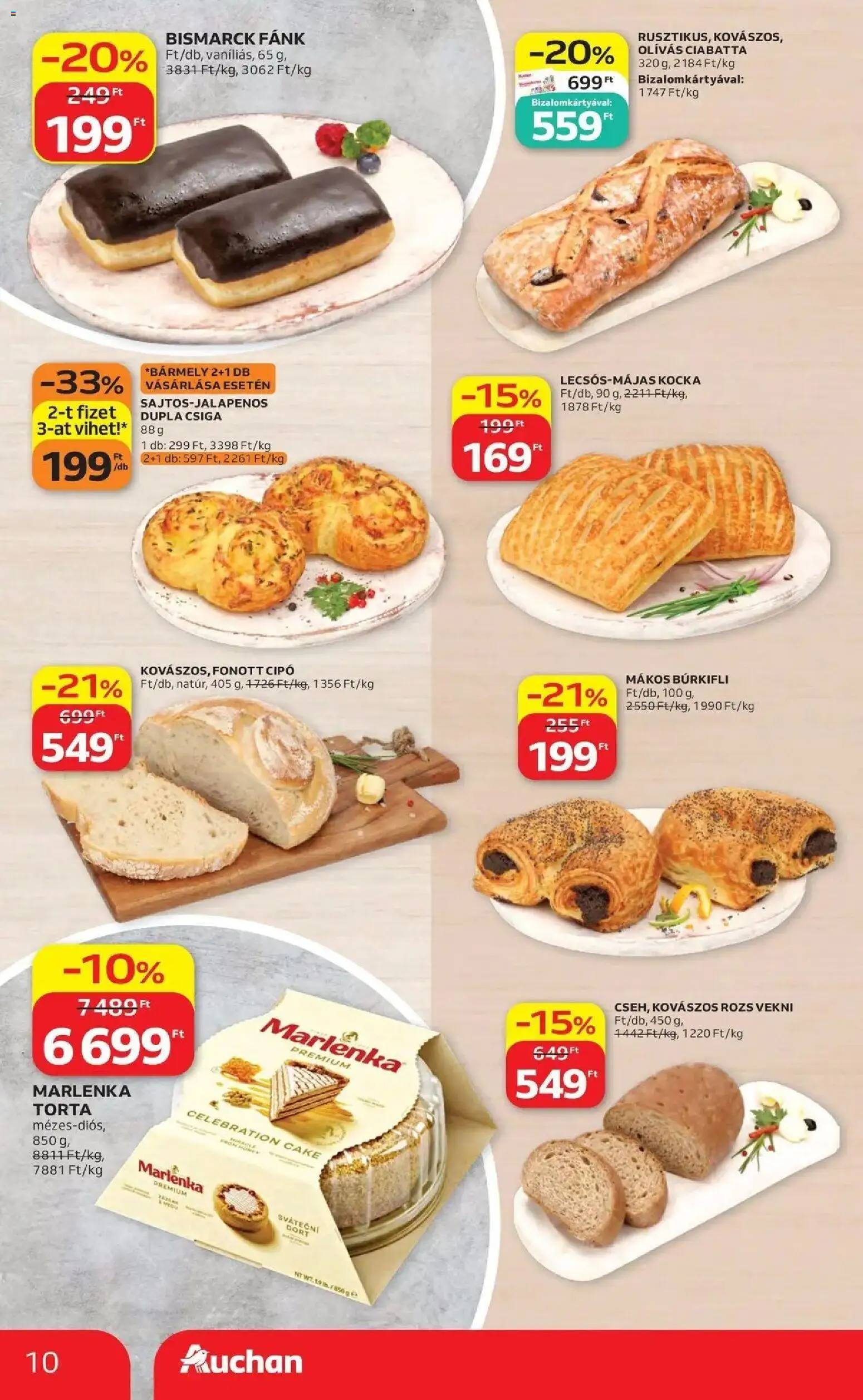 Auchan akciós újság Szolnok - 2026.10.01. -tól/töl > akció, lapozható szórólap 🛍️ | Oldal: 10 | Termékek: Torta, Fánk, Marlenka, Ciabatta