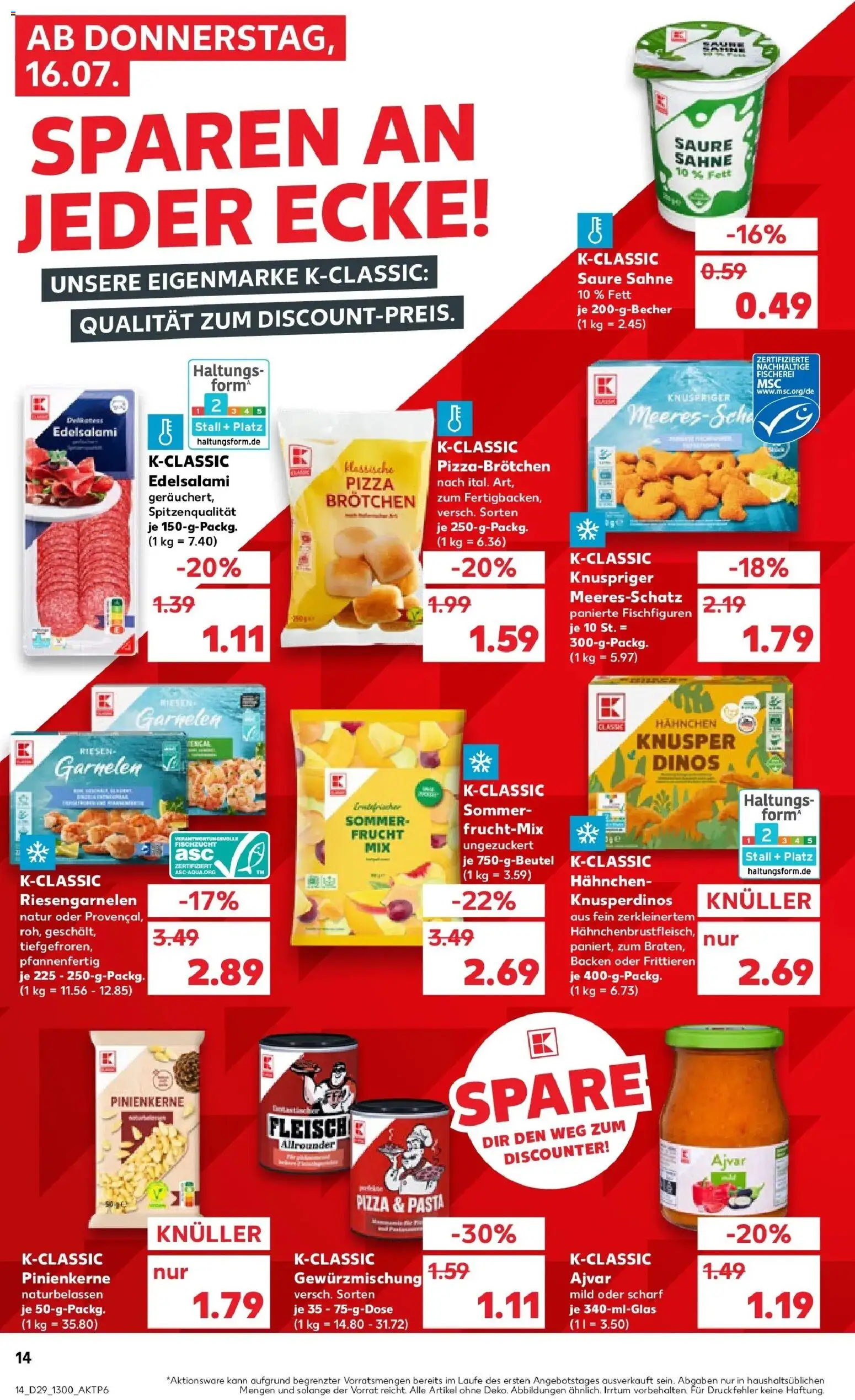 Kaufland Prospekt Jülich – gültig ab 16.07.2026 | Seite: 14 | Produkte: Garnelen, Pasta, Pizza, Sahne