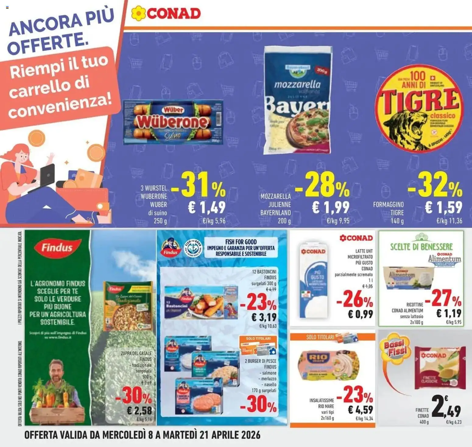 Volantino Conad del 08.04.2026 | Pagina: 24 | Prodotti: Salmone, Mozzarella, Wurstel, Nasello