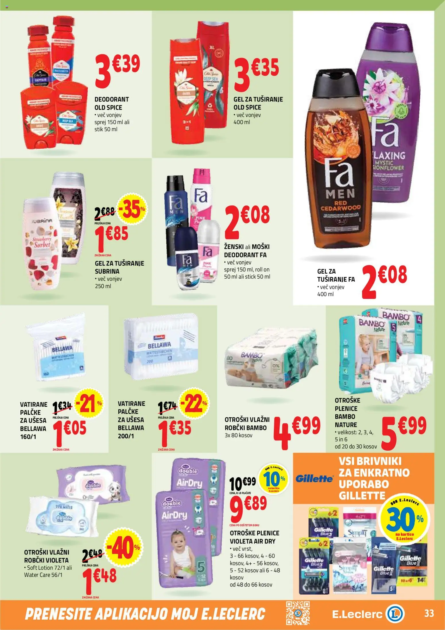 Novi E.leclerc katalog ponudbe – veljaven od 20.05.2026 | Stran: 33 | Izdelki: Plenice, Robčki, Gel za tusiranje, Deodorant