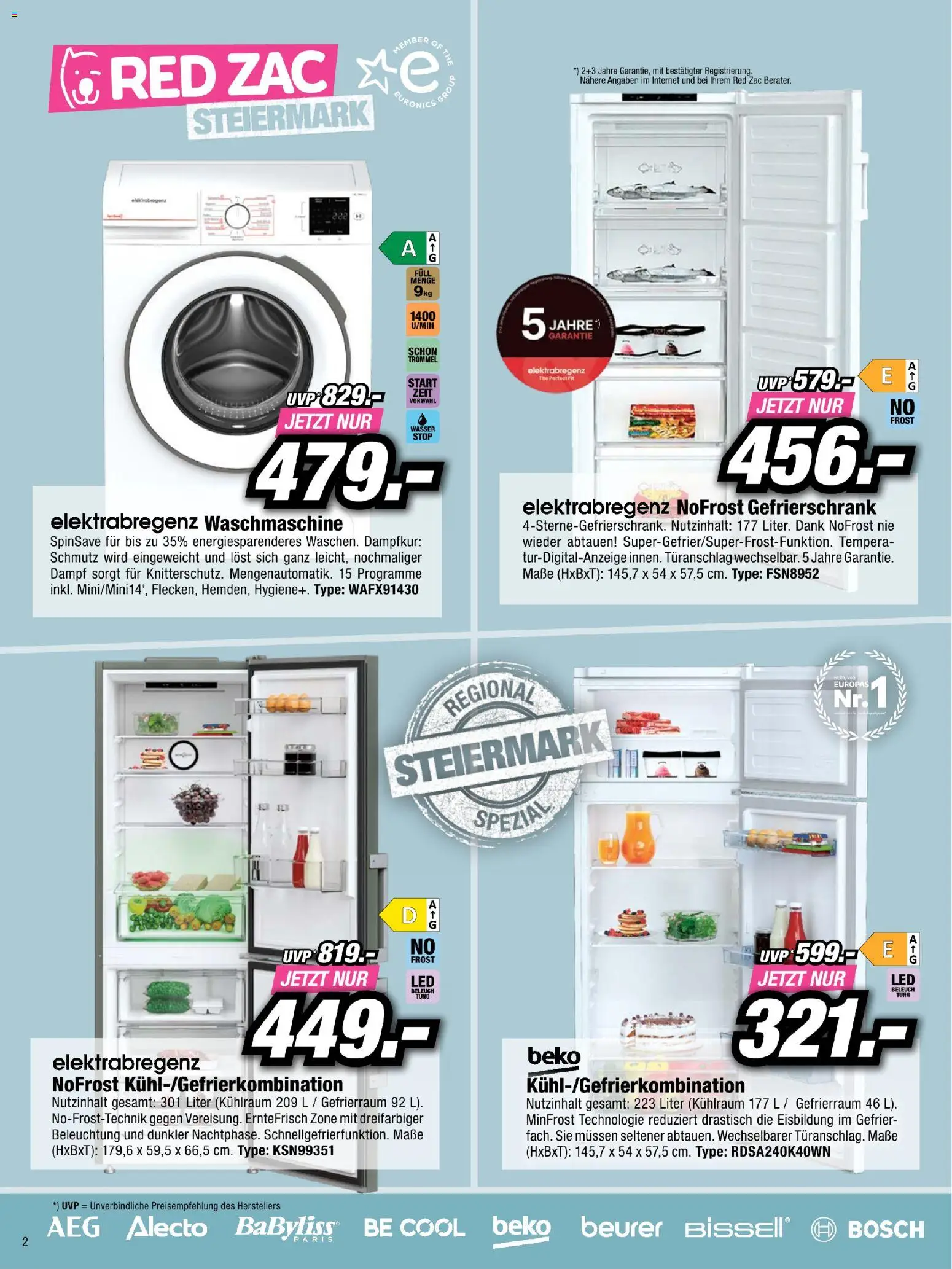 RED ZAC Steiermark gültig ab 26.04.2026 | Seite: 2 | Produkte: Wasser, Gefrierschrank, Waschmaschine