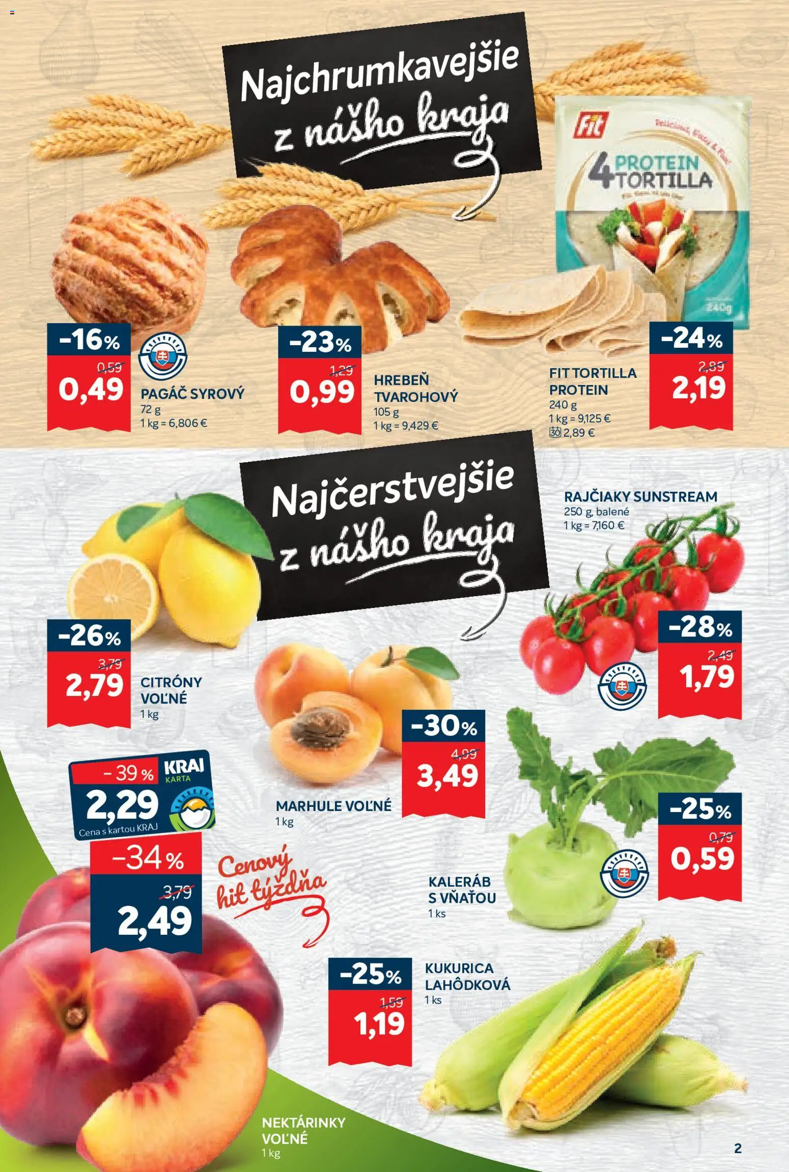 Nové Kraj akcie – leták je platný od 02.07.2026 | Strana: 2 | Produkty: Protein, Hrebeň, Citróny, Kukurica