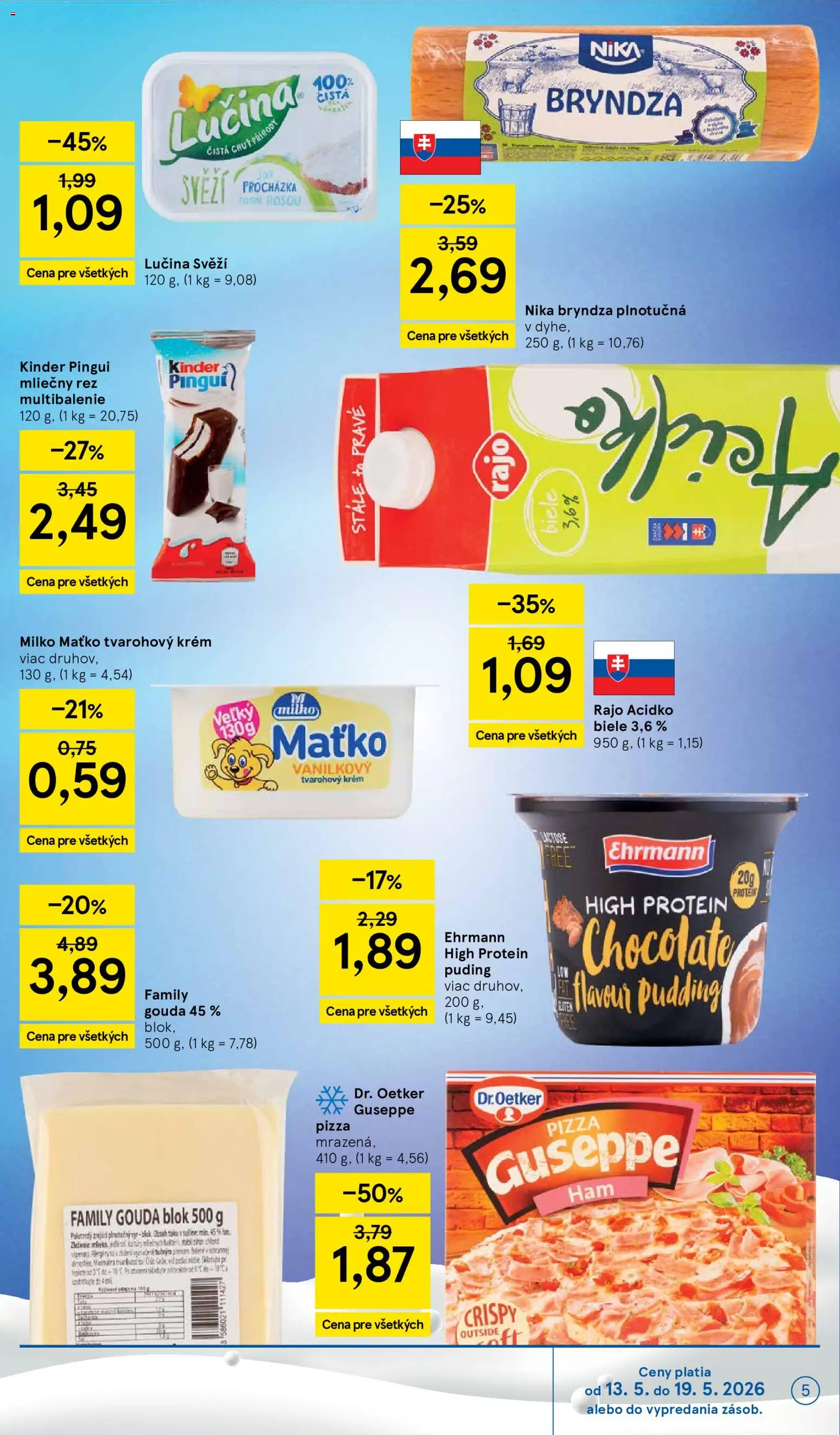 Nové Tesco akcie – leták je platný od 13.05.2026 | Strana: 5 | Produkty: Syr, Protein, Puding, Acidko