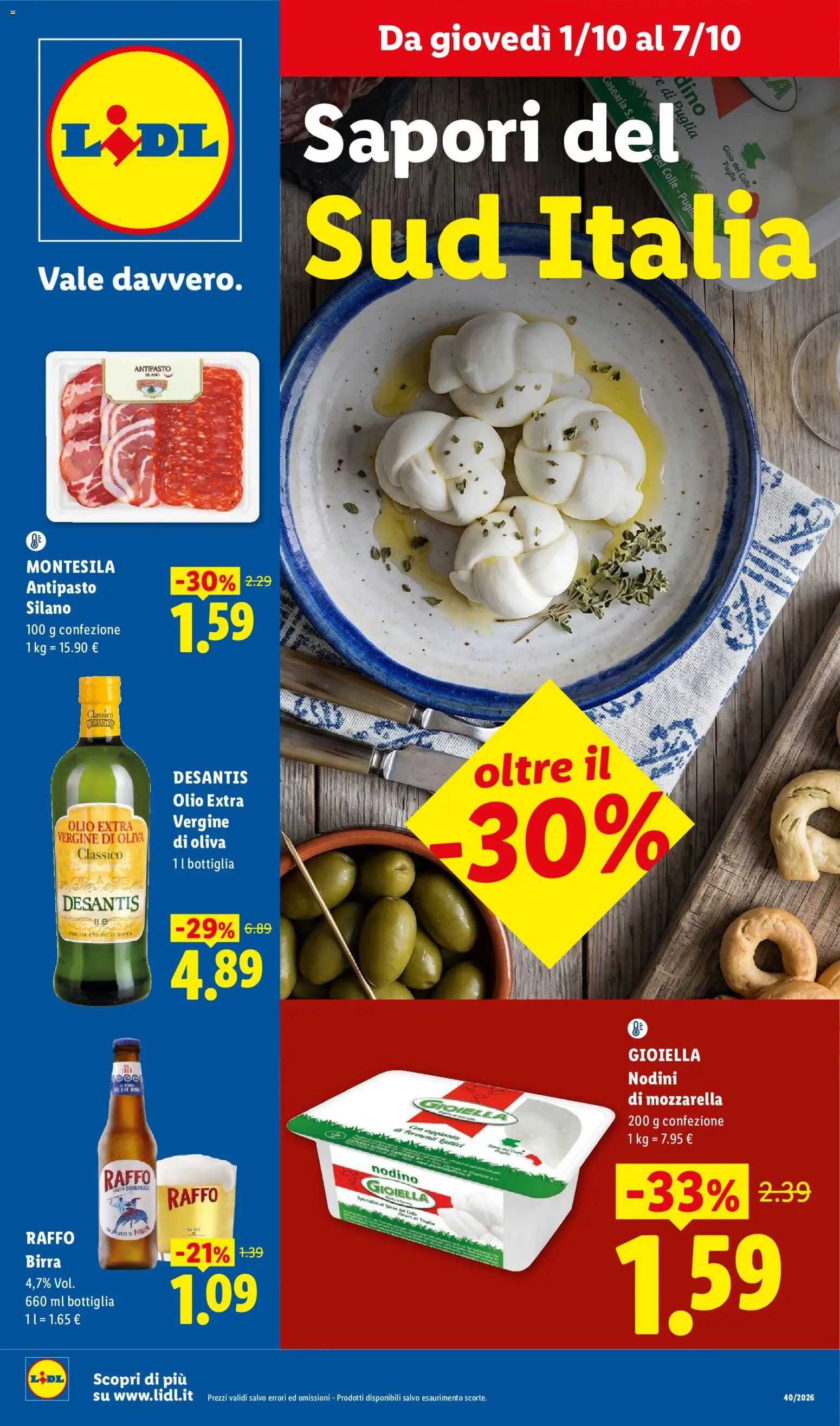 Volantino Lidl del 01/10/2026 | Pagina: 1 | Prodotti: Birra Raffo, Mozzarella, Olio, Olio extra vergine