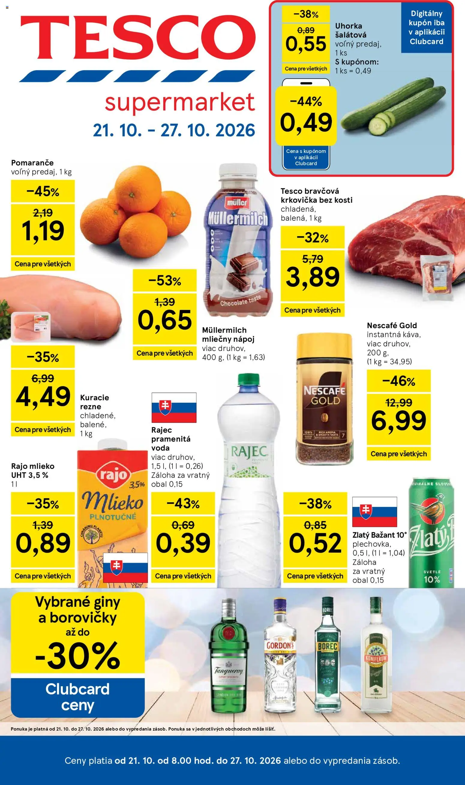 Nové Tesco akcie – leták je platný od 21.10.2026 | Strana: 1 | Produkty: Bravčová krkovička, Rajec, Zlatý Bažant, Nescafé Gold