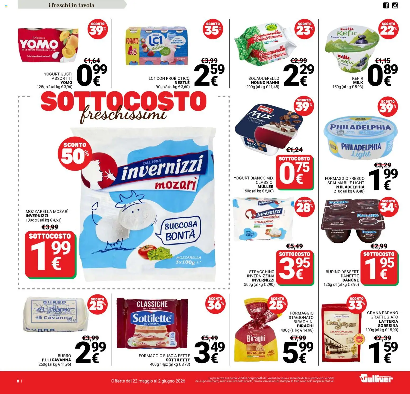 Volantino Gulliver del 22.05.2026 | Pagina: 8 | Prodotti: Yogurt, Mozzarella, Grana Padano, Stracchino
