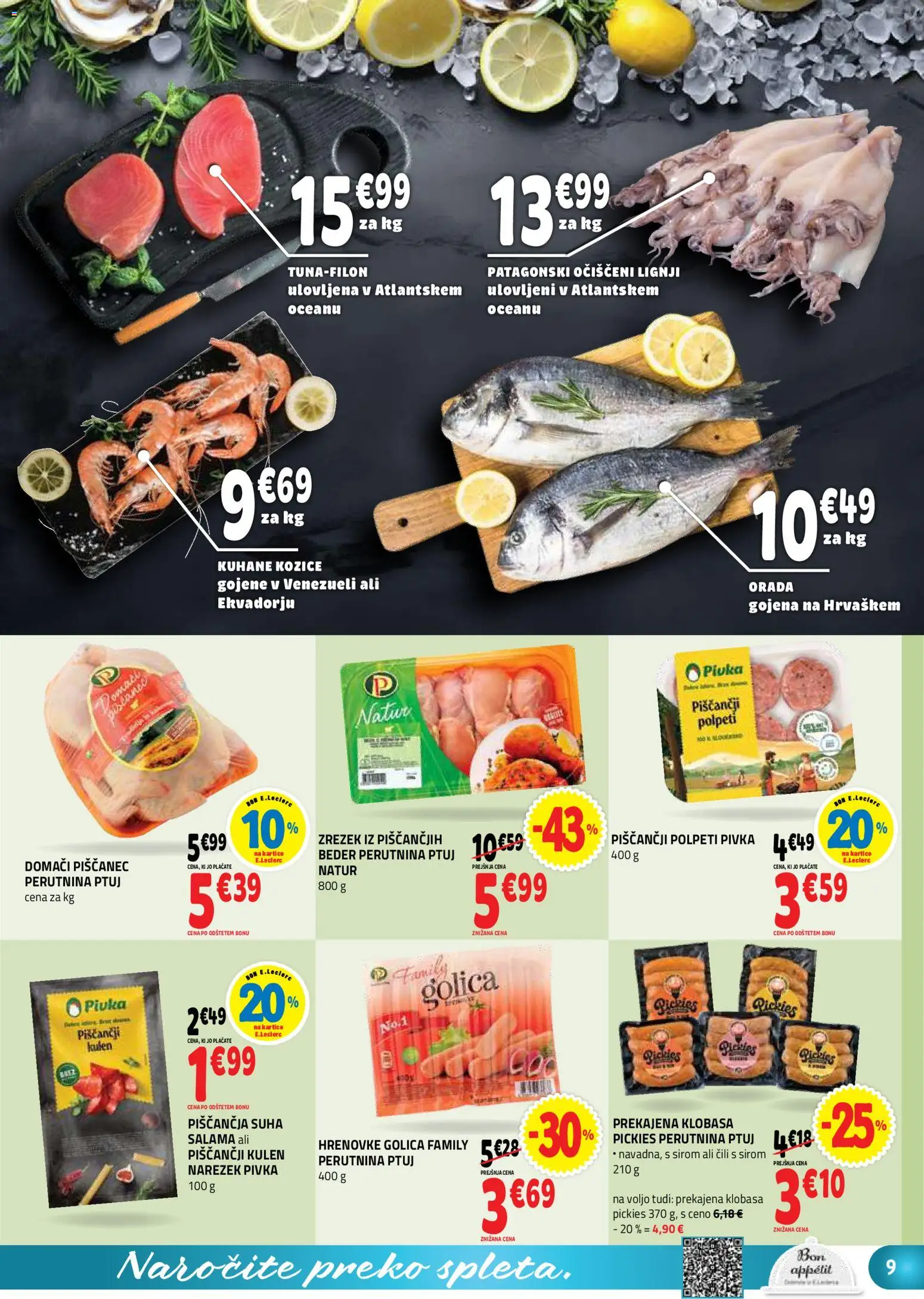 Novi E.leclerc katalog ponudbe – veljaven od 28.10.2026 | Stran: 9 | Izdelki: Hrenovke, Lignji, Narezek, Orada