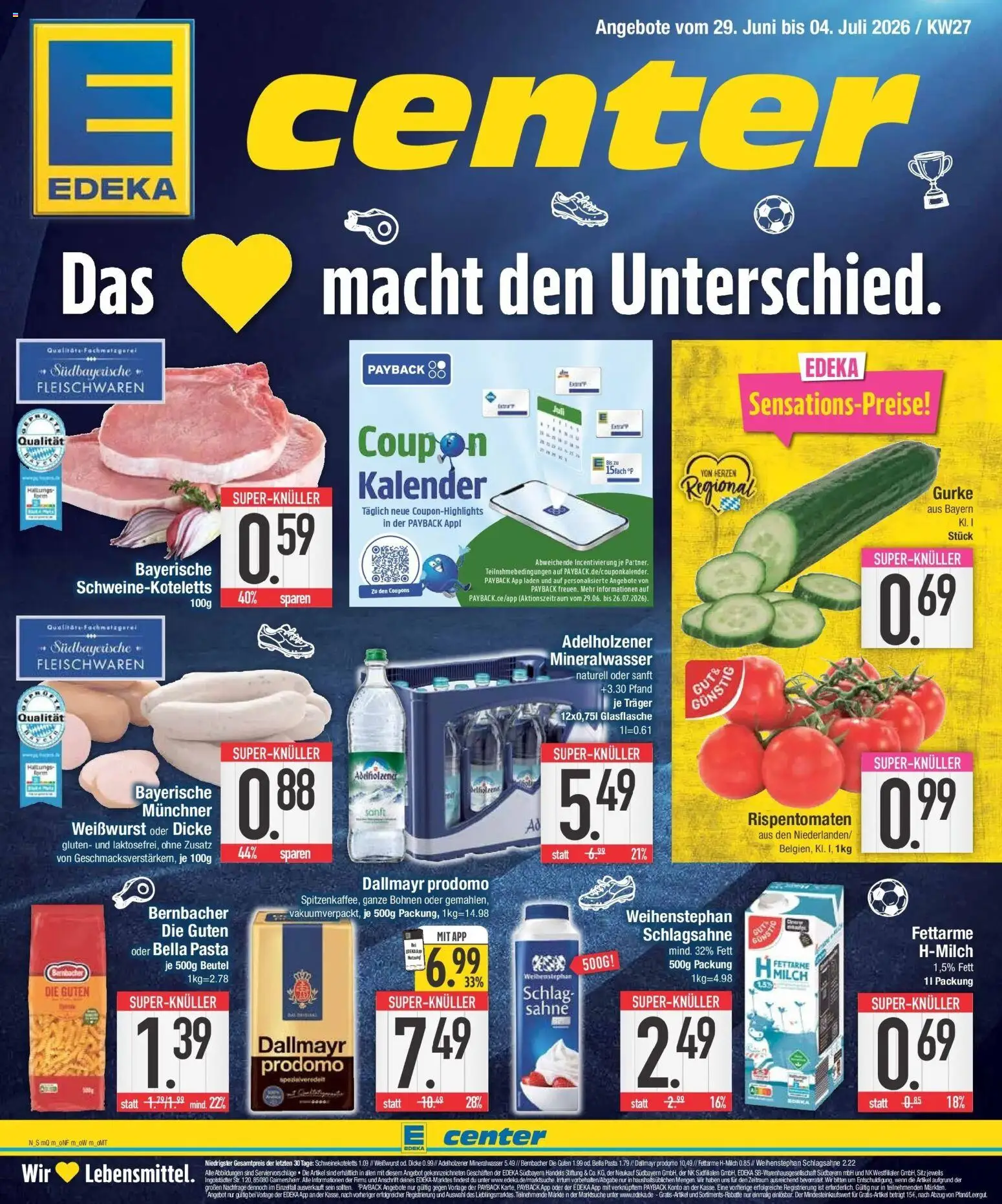 E center Wochenangebote – gültig ab 29.06.2026 | Seite: 1 | Produkte: Schlagsahne, Mineralwasser, Dallmayr, Pasta