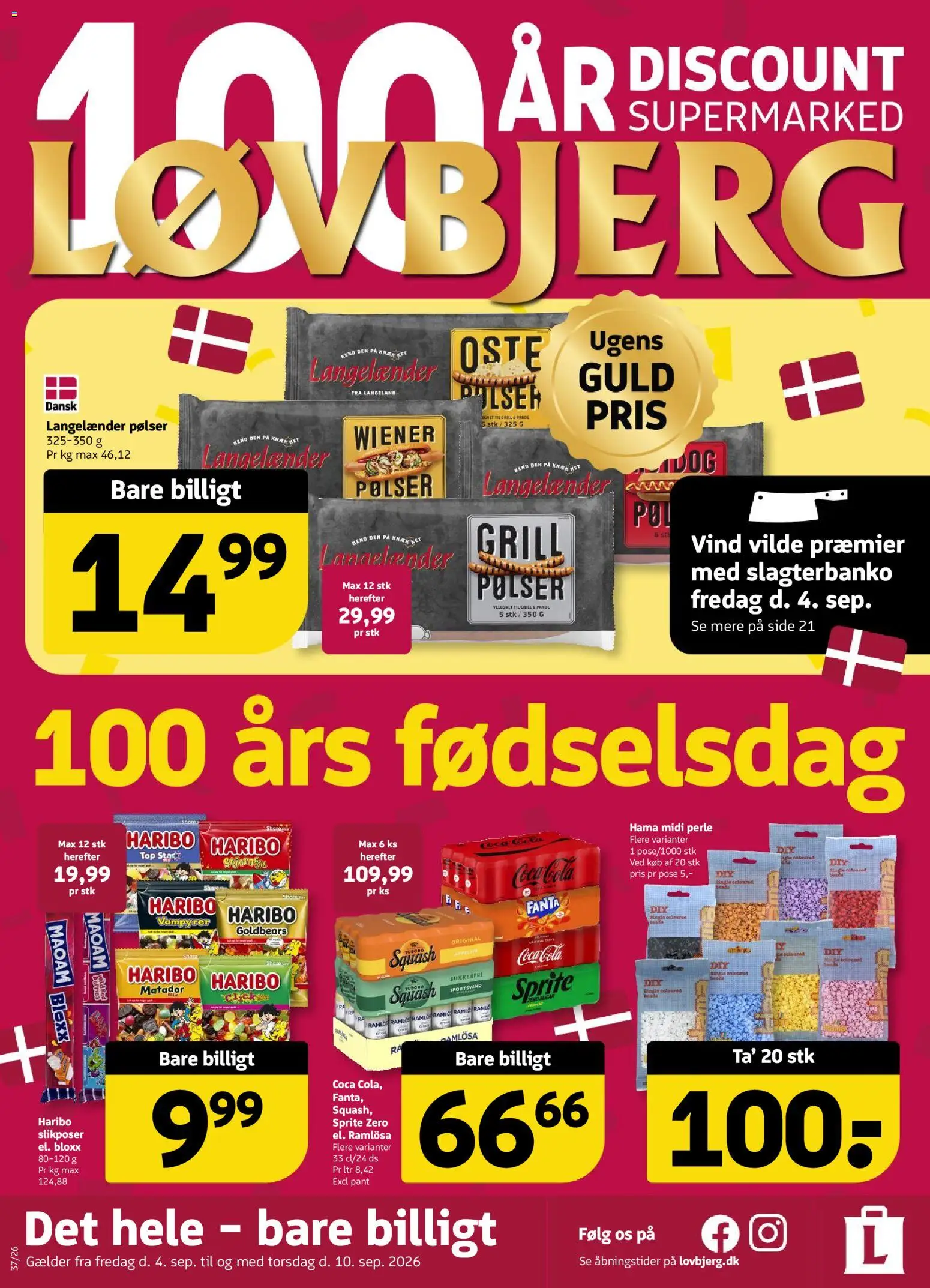 Løvbjerg tilbudsavis – gyldig fra 04/09/2026 | Side: 1 | Produkter: Pølser, Coca Cola, Fanta, Cola
