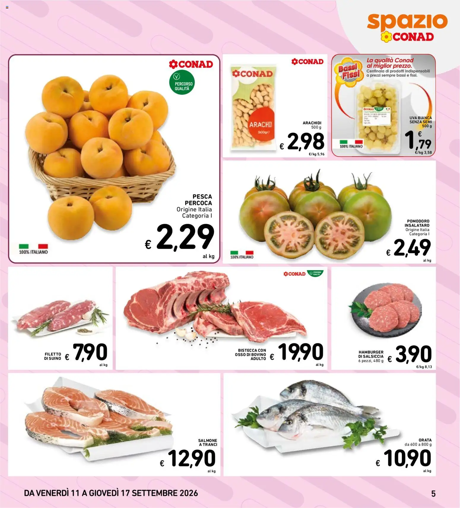Volantino Spazio Conad del 11/09/2026 | Pagina: 5 | Prodotti: Salsiccia, Uva, Arachidi, Hamburger