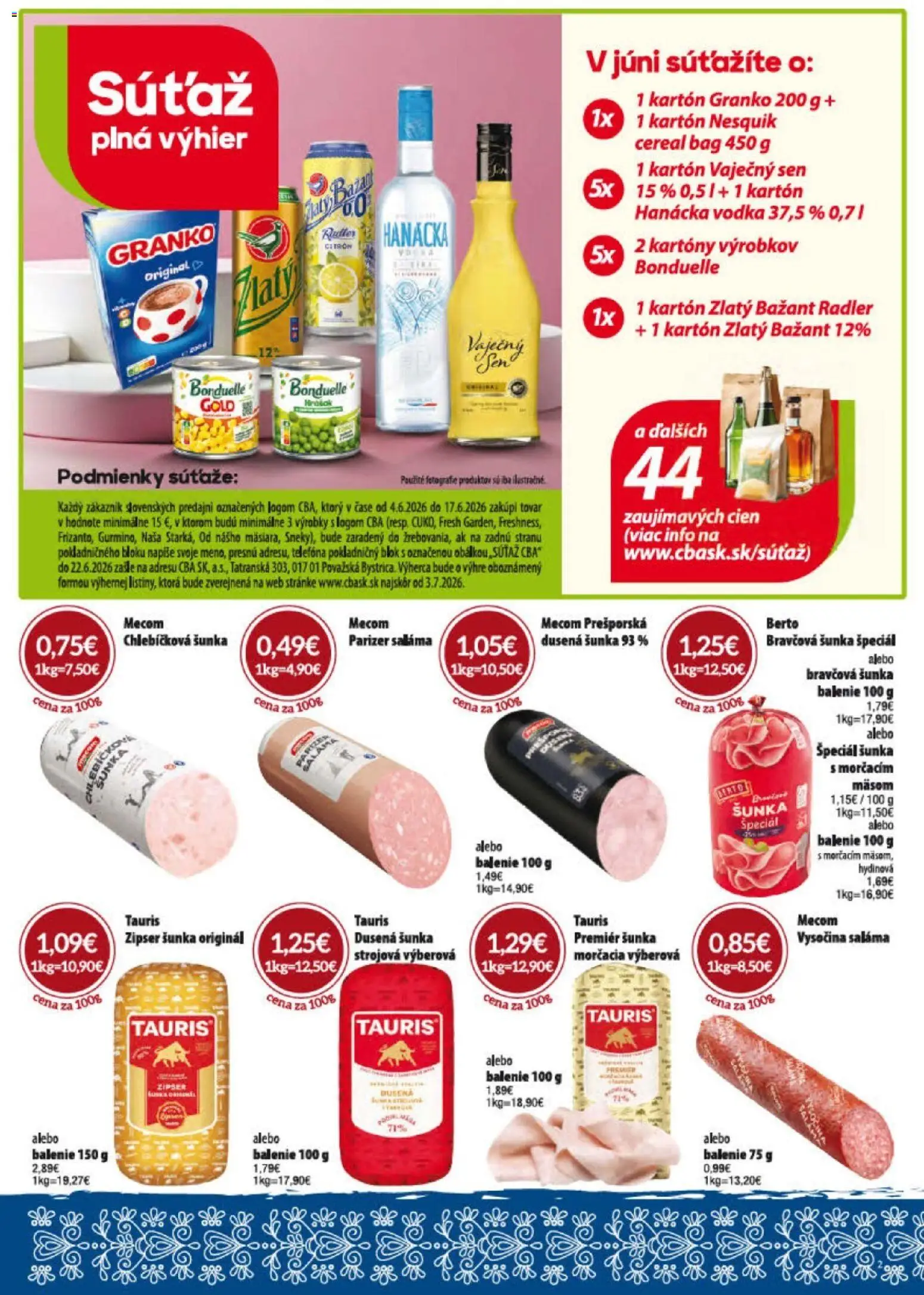 Nové KARMEN CBA akcie – leták je platný od 04.06.2026 | Strana: 2 | Produkty: Saláma, Zlatý Bažant, Granko, Nesquik