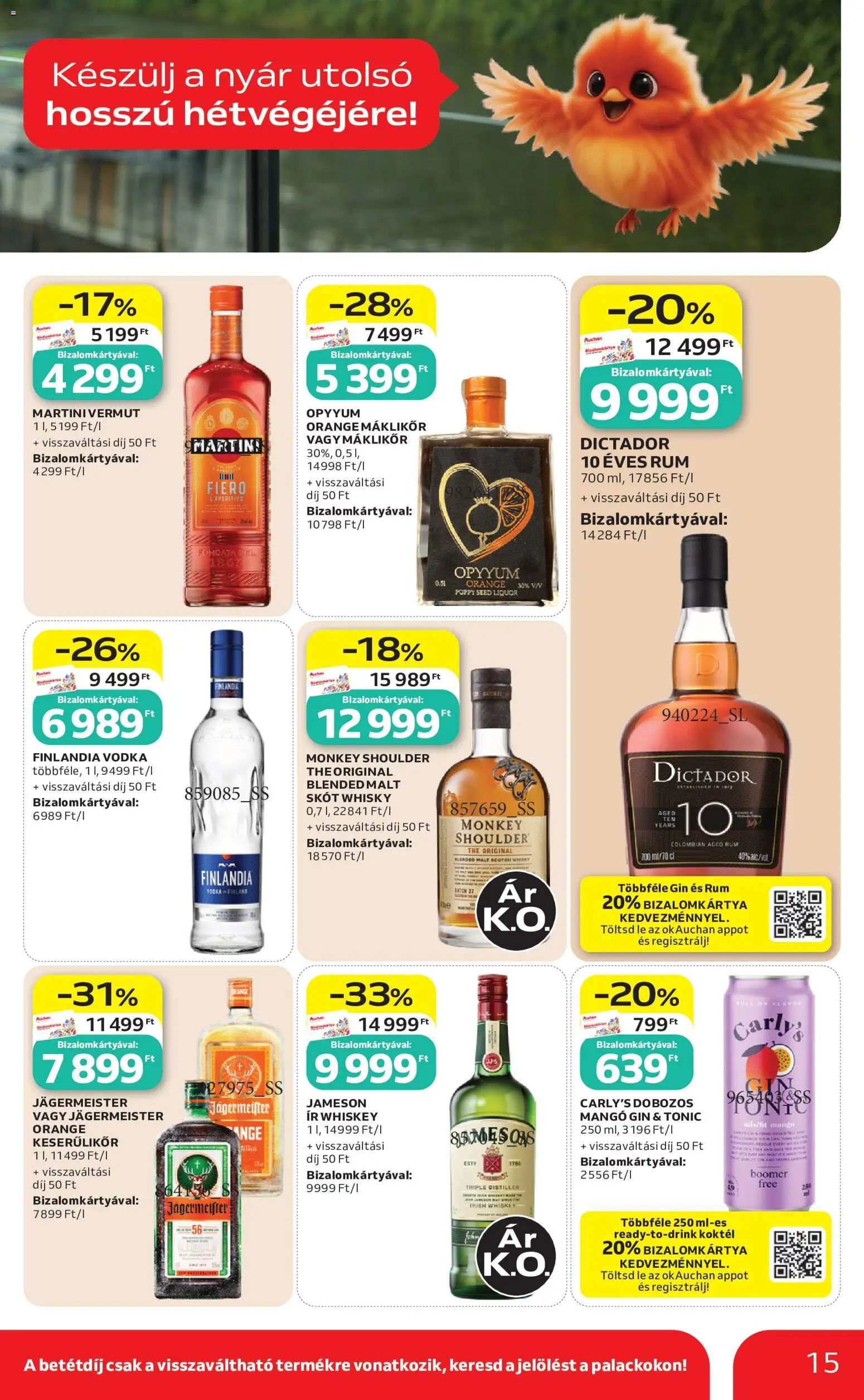 Auchan akciós ujság - amely érvényes a következő dátumtól: 2026.08.13. | Oldal: 15 | Termékek: Martini, Rum, Finlandia, Vermut