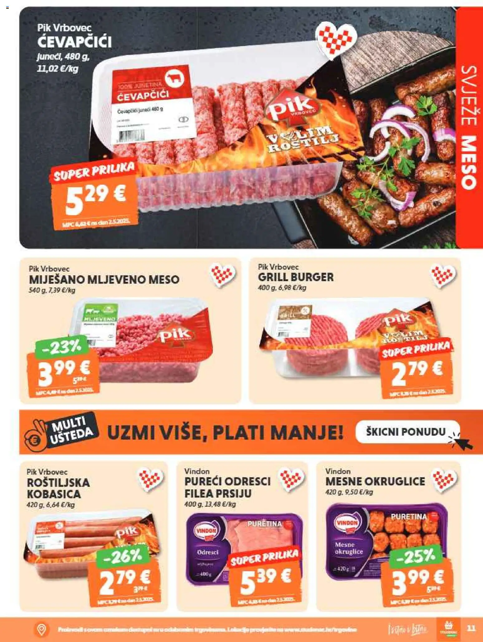 Studenac katalog | vrijedi od 06.05.2026 | Stranica: 11 | Proizvodi: Puretina, Junetina, Kobasica, Mesne okruglice