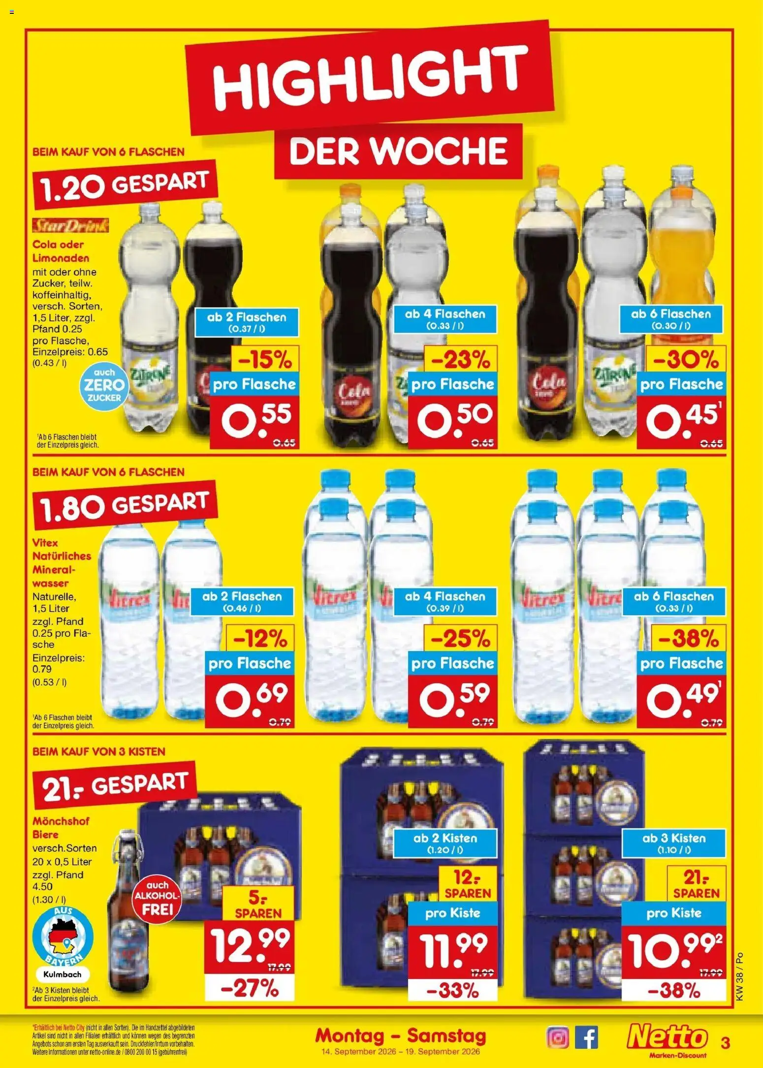 Netto Marken-Discount Prospekt Amberg – gültig ab 14.09.2026 | Seite: 3 | Produkte: Cola, Wasser, Alkohol, Zitrone