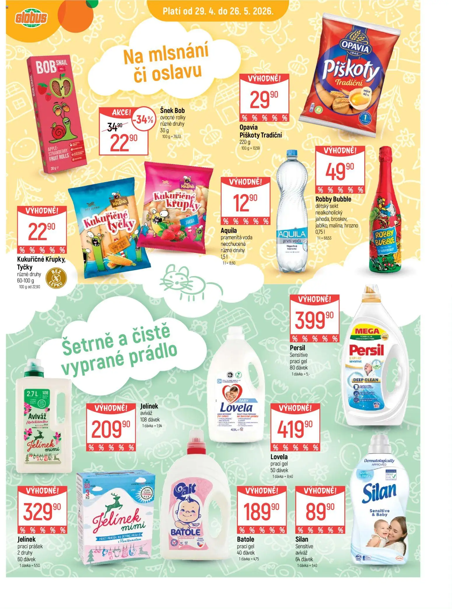Globus leták - České Budějovice od 29.04.2026 | Strana: 5 | Produkty: Voda, Piškoty, Robby Bubble, Lovela