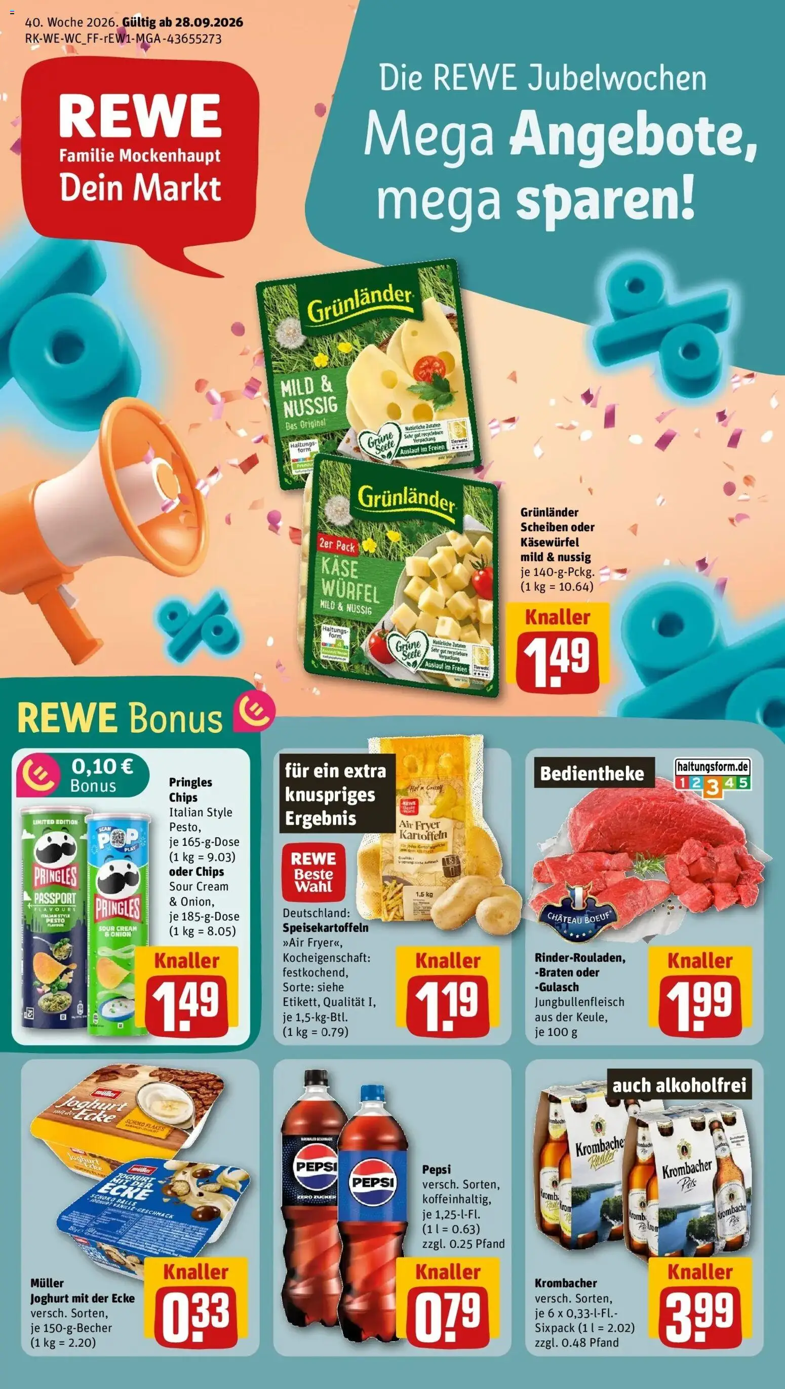 REWE Prospekt ab 28.09.2026 zum Blättern » Angebote | Seite: 1 | Produkte: Joghurt, Kartoffeln, Grunlander, Pringles