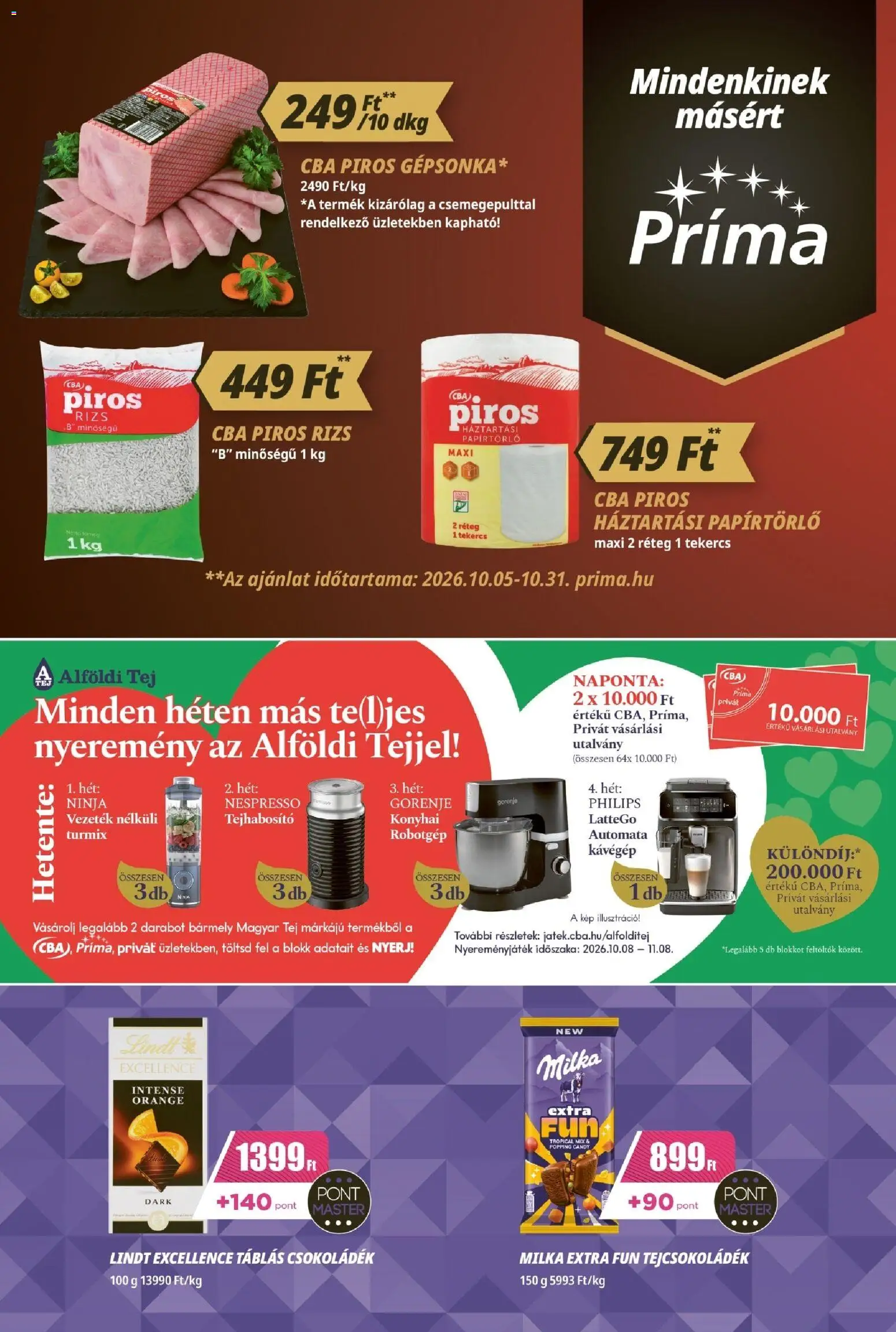 CBA Príma akciós ujság - amely érvényes a következő dátumtól: 2026.10.15. | Oldal: 4 | Termékek: Lindt, Tejhabosító, Philips, Rizs