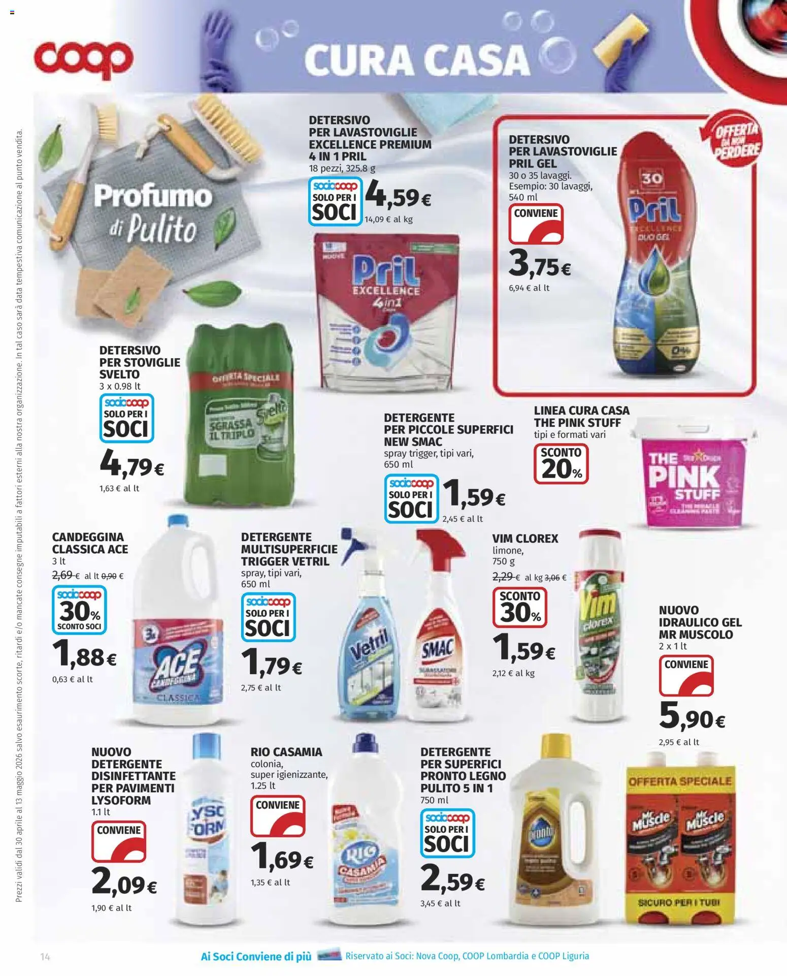 Volantino COOP del 30.04.2026 | Pagina: 14 | Prodotti: Detergente, Detersivo per lavastoviglie, Candeggina, The
