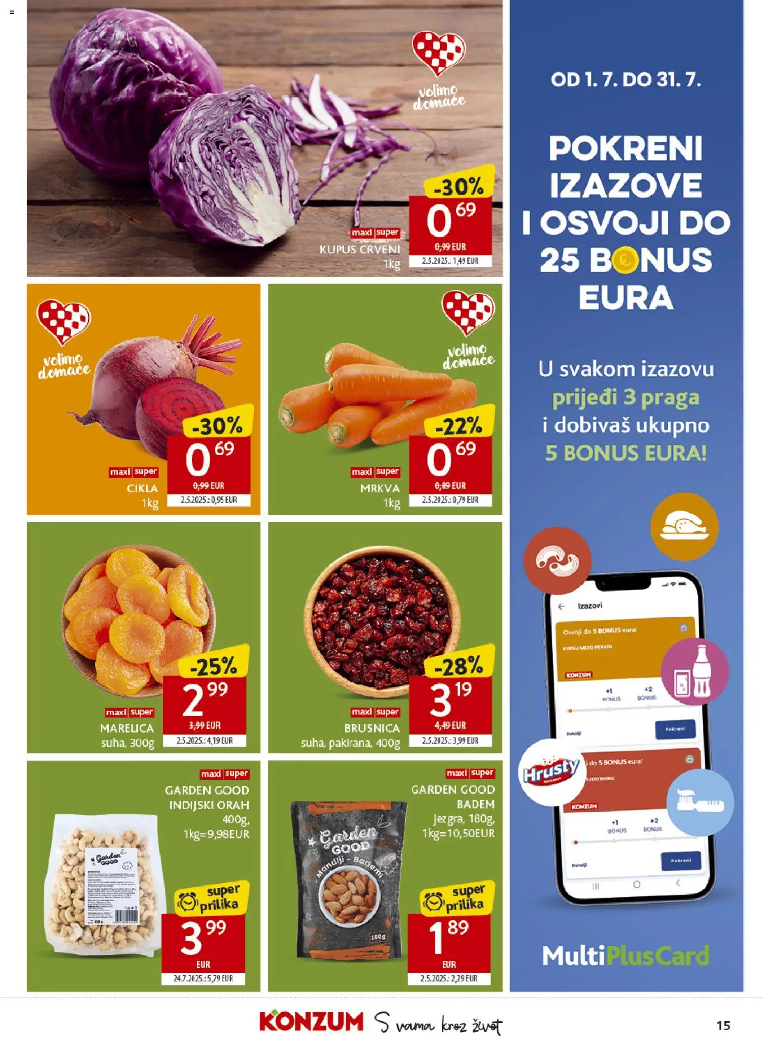 Konzum katalog | vrijedi od 15.07.2026 | Stranica: 15 | Proizvodi: Mrkva, Cikla, Kupus, Indijski orah