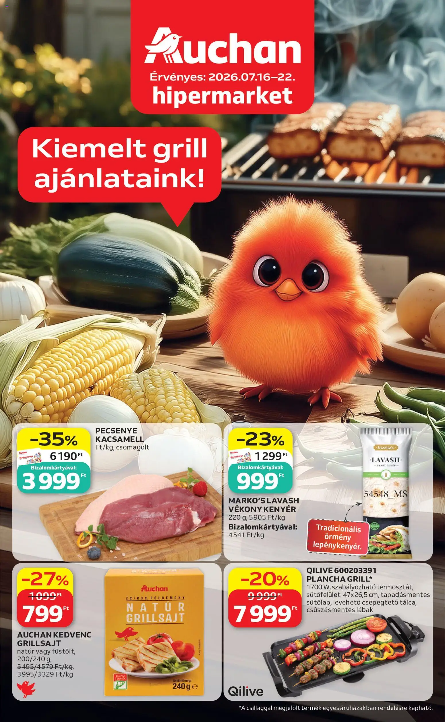 Auchan akciós ujság - amely érvényes a következő dátumtól: 2026.07.16. | Oldal: 1 | Termékek: Kacsamell, Grill, Grillsajt, Kenyér