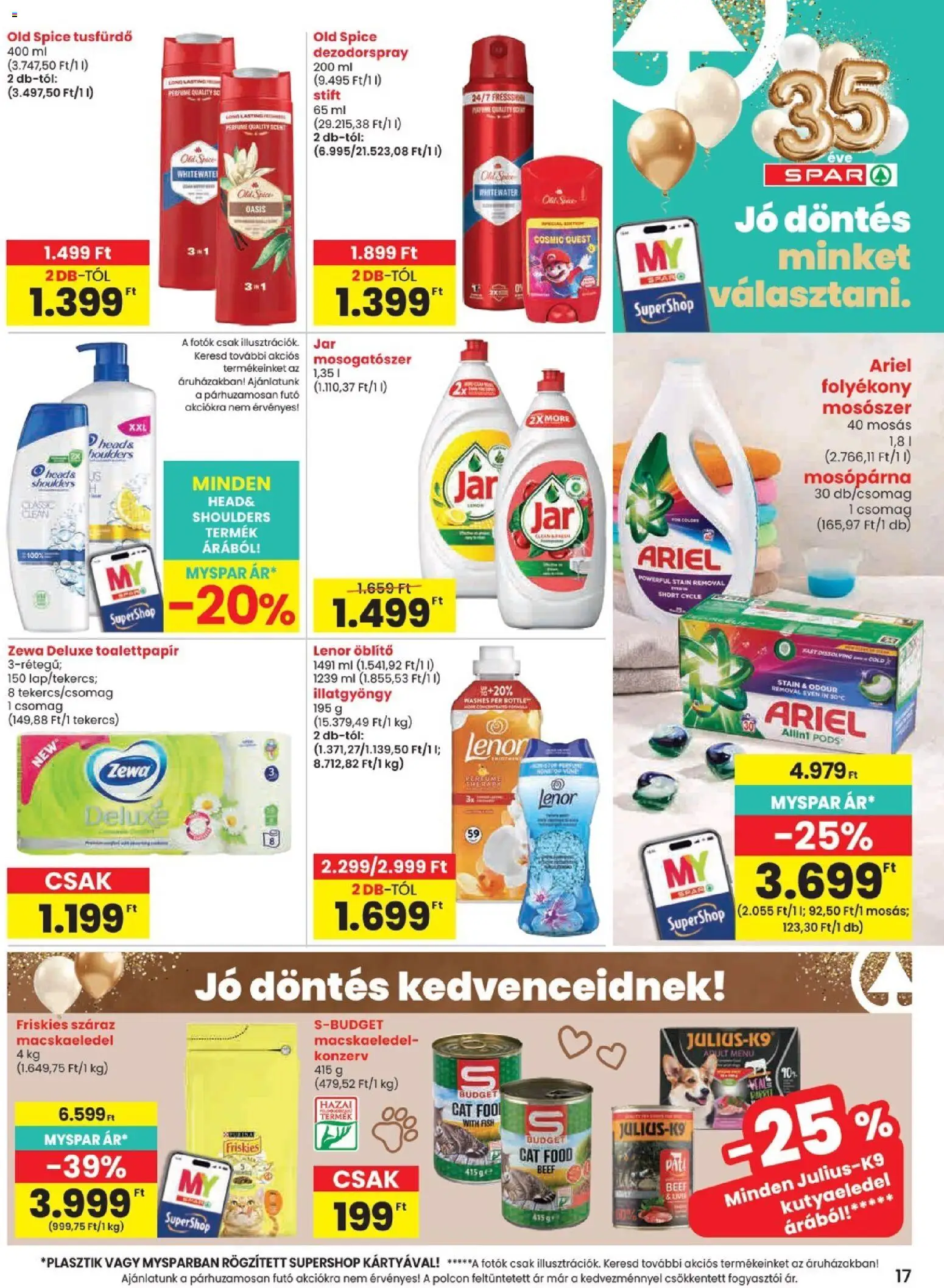 Spar akciós ujság - amely érvényes a következő dátumtól: 2026.09.03. | Oldal: 17 | Termékek: Ariel, Toalettpapír, Tusfürdő, Mosószer