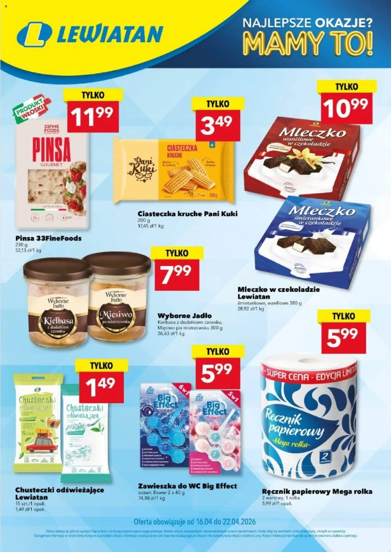 Lewiatan gazetka od 16.04.2026 | Strona: 1 | Produkty: Kiełbasa, Pinsa, Ciasteczka, Ręcznik papierowy