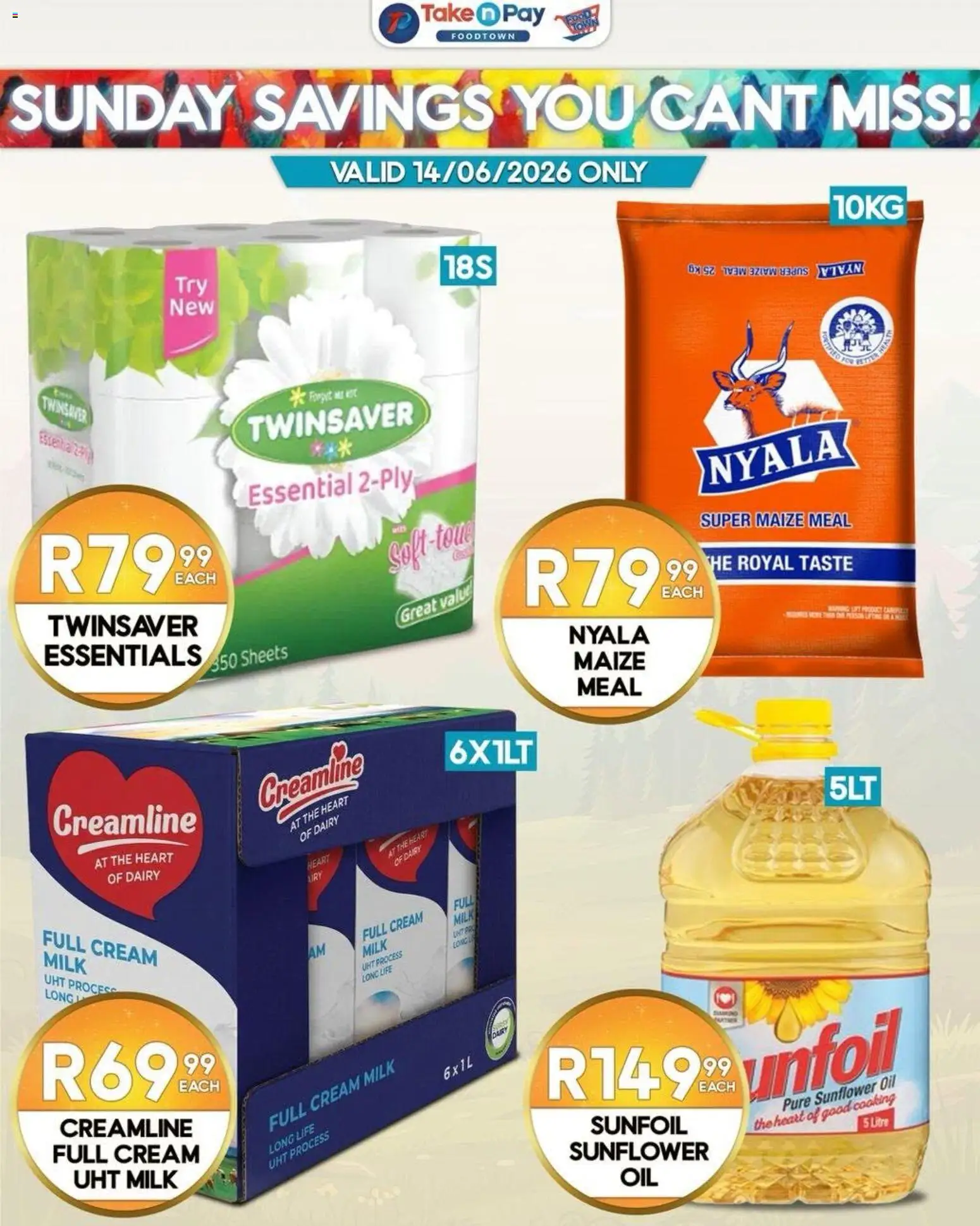 New Take n Pay catalogue – valid from 14.06.2026 | Page: 4 | Products: Maize meal, Milk, Oil, Cream