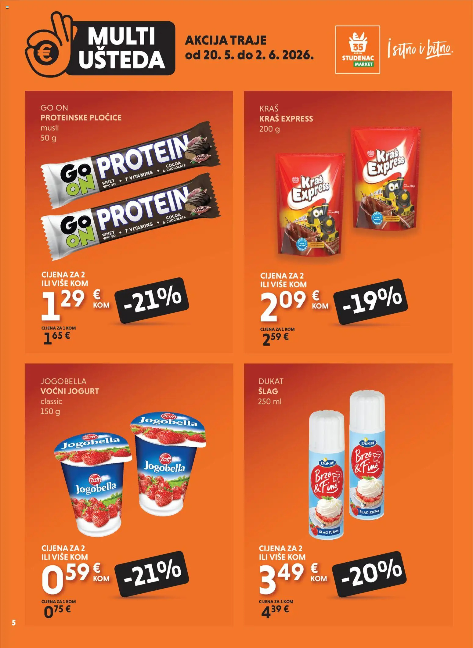 Studenac katalog | vrijedi od 20.05.2026 | Stranica: 5 | Proizvodi: Voćni jogurt, Pločice, Musli, Šlag