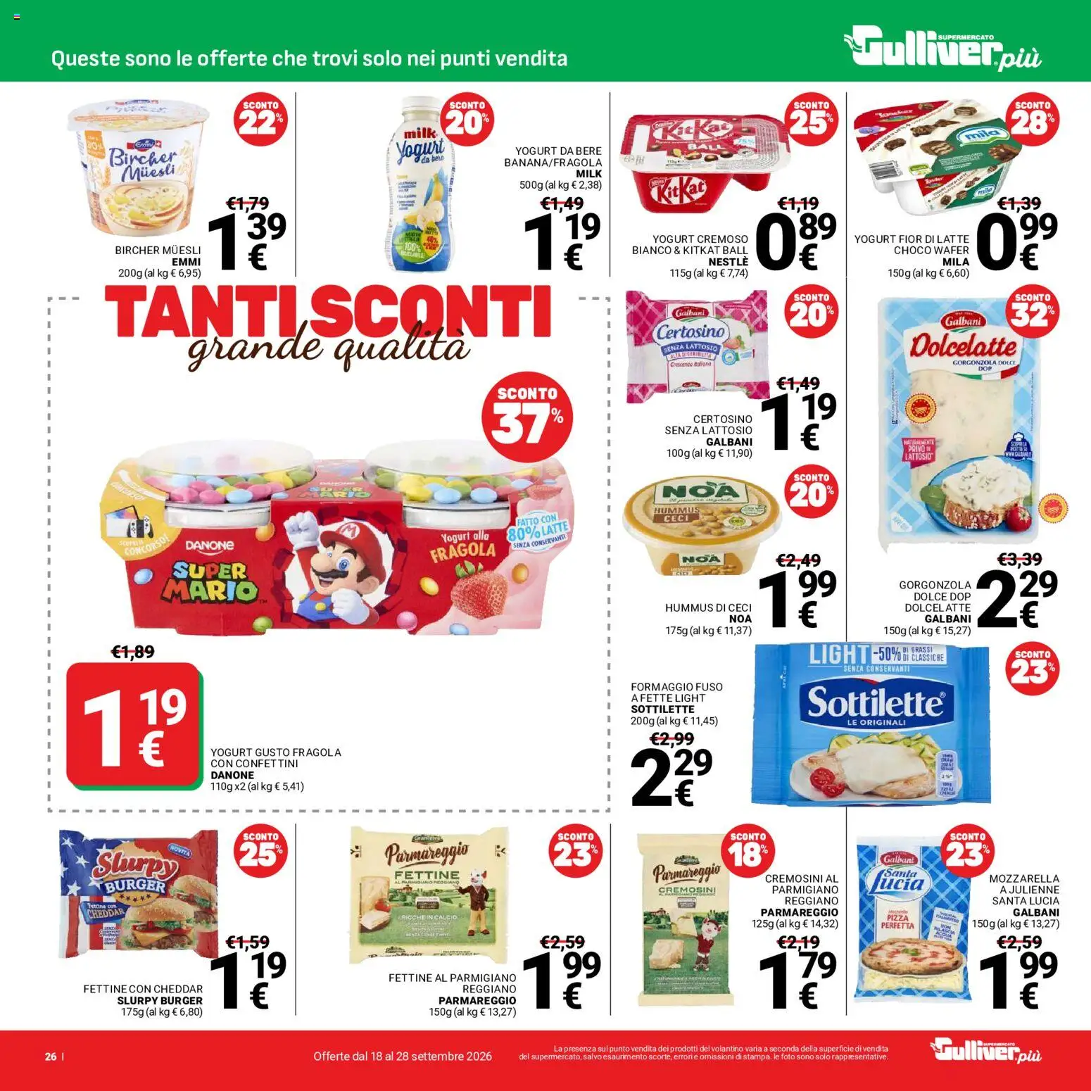 Volantino Gulliver del 18/09/2026 | Pagina: 26 | Prodotti: Yogurt, Cheddar, Parmigiano, Gorgonzola