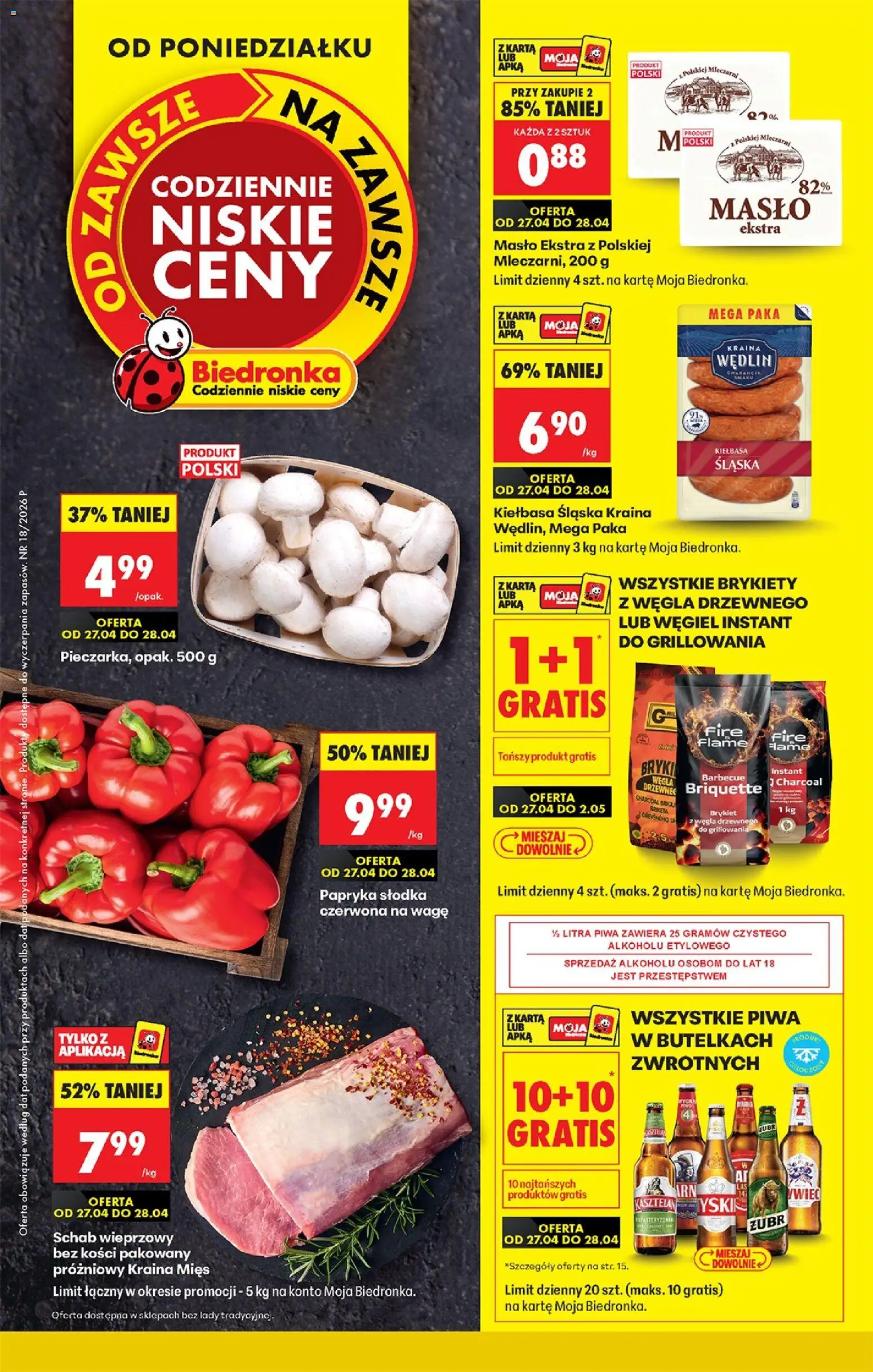 Biedronka gazetka od poniedziałku od 27.04.2026 | Strona: 1 | Produkty: Karta, Schab wieprzowy, Schab wieprzowy bez kości, Bell