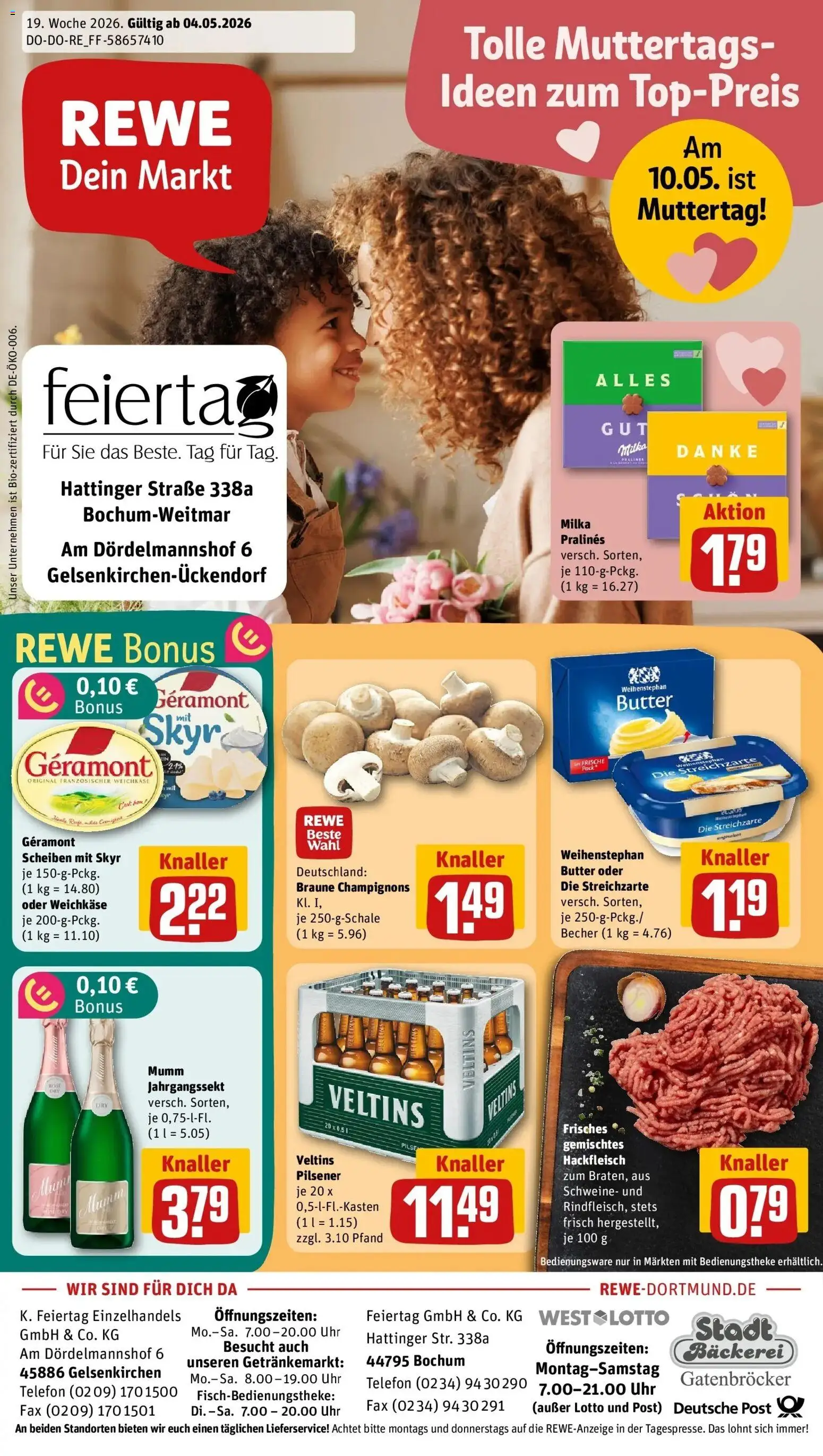 REWE Prospekt ab 04.05.2026 zum Blättern » Angebote | Seite: 1 | Produkte: Geramont, Champignons, Uhr, Veltins