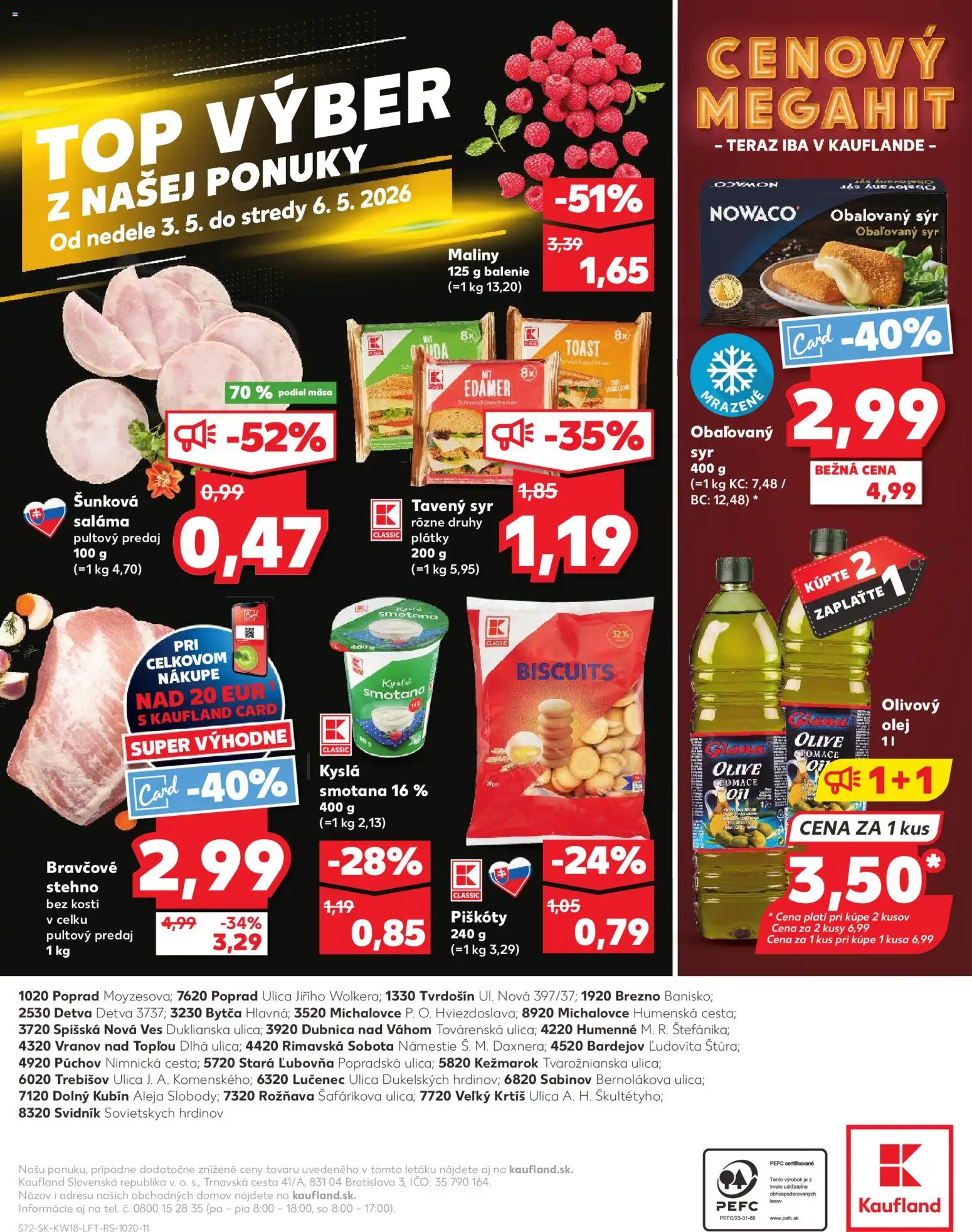 Nové Kaufland akcie – leták je platný od 30.04.2026 | Strana: 72 | Produkty: Syr, Olivový olej, Bravčové stehno, Maliny