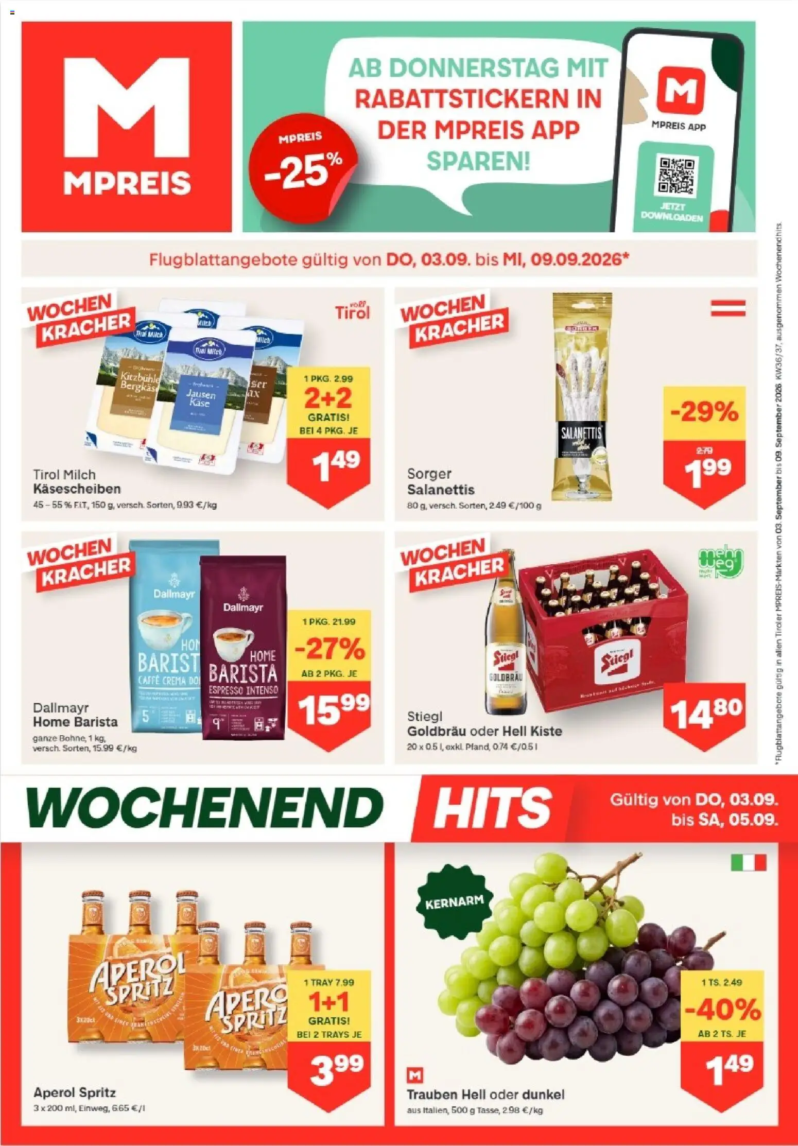 MPREIS Absam gültig ab 03.09.2026 | Seite: 1 | Produkte: Aperol, Milch, Käse
