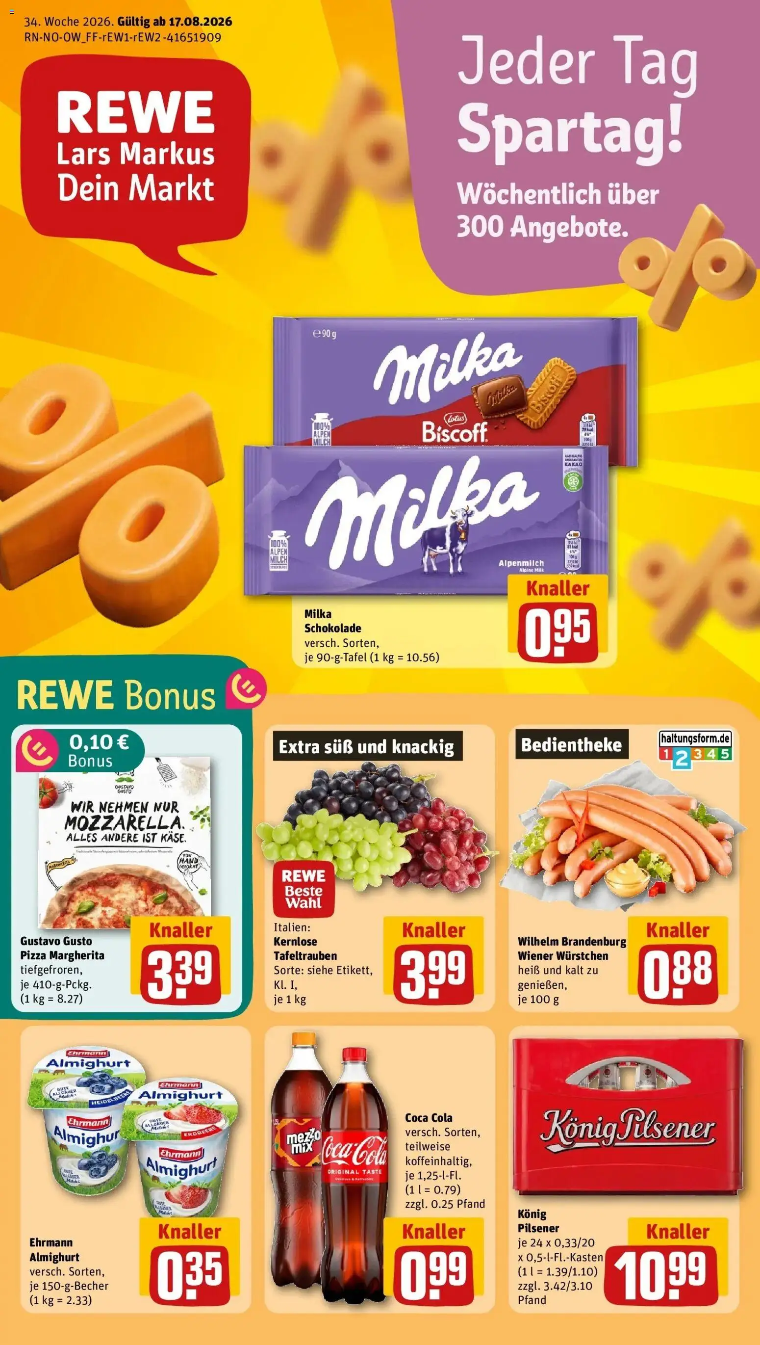 REWE Prospekt ab 17.08.2026 zum Blättern » Angebote | Seite: 1 | Produkte: Gustavo gusto, Cola, Milka schokolade, Milka