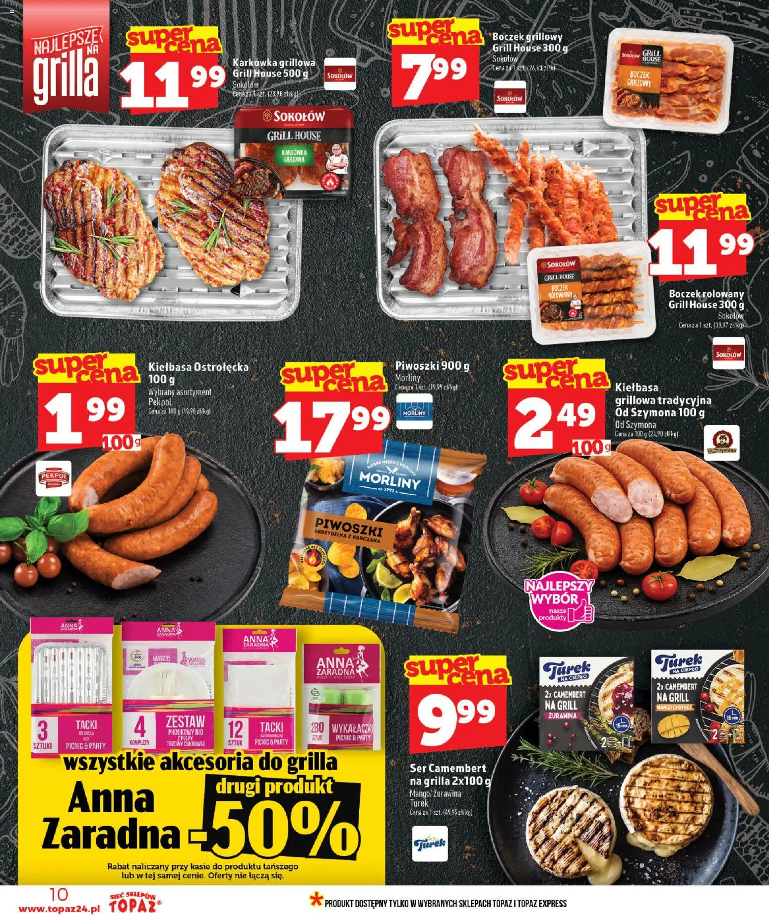 Topaz gazetka od 02.07.2026 | Strona: 10 | Produkty: Kiełbasa, Karkówka, Camembert, Ser camembert na grilla