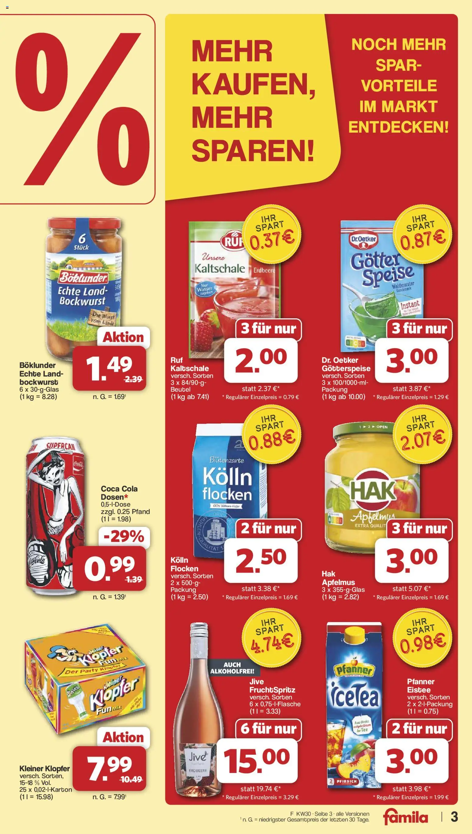 Famila Nordwest Prospekt – gültig ab 20.07.2026 | Seite: 3 | Produkte: Bockwurst, Kolln, Wasser, Pfirsich