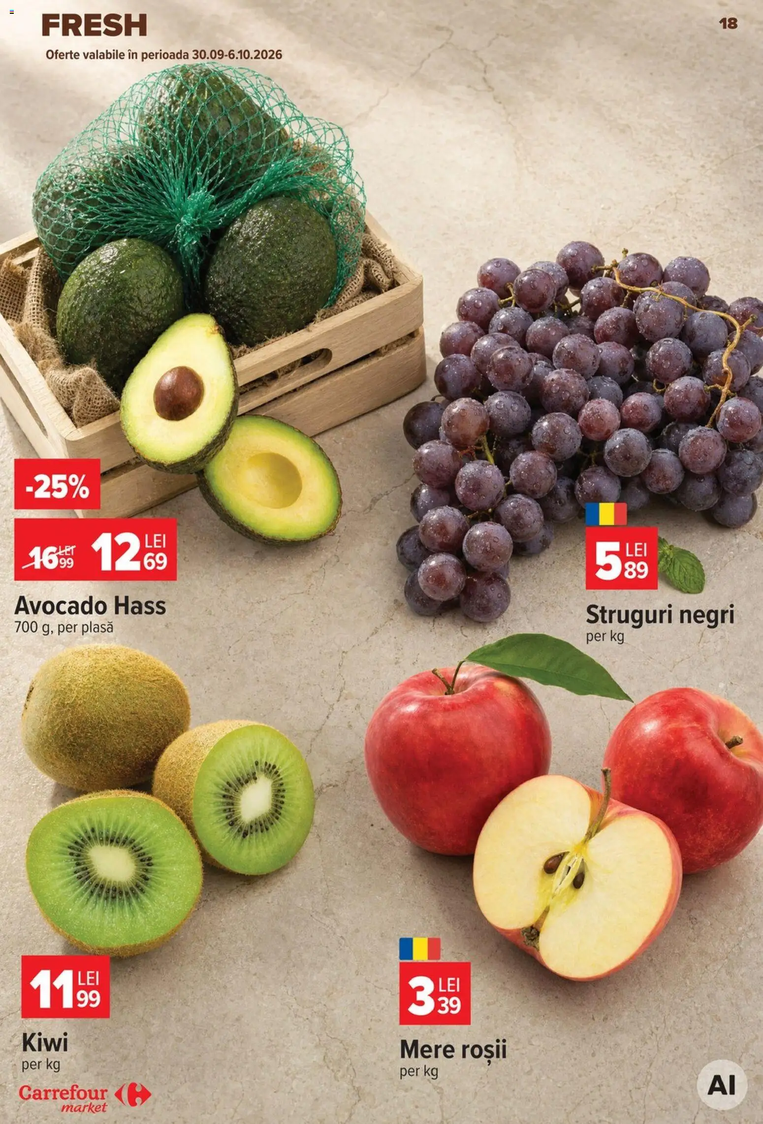 Noul catalog Carrefour – valabil de la 30.09.2026 | Pagină: 18 | Produse: Struguri, Mere, Kiwi, Avocado