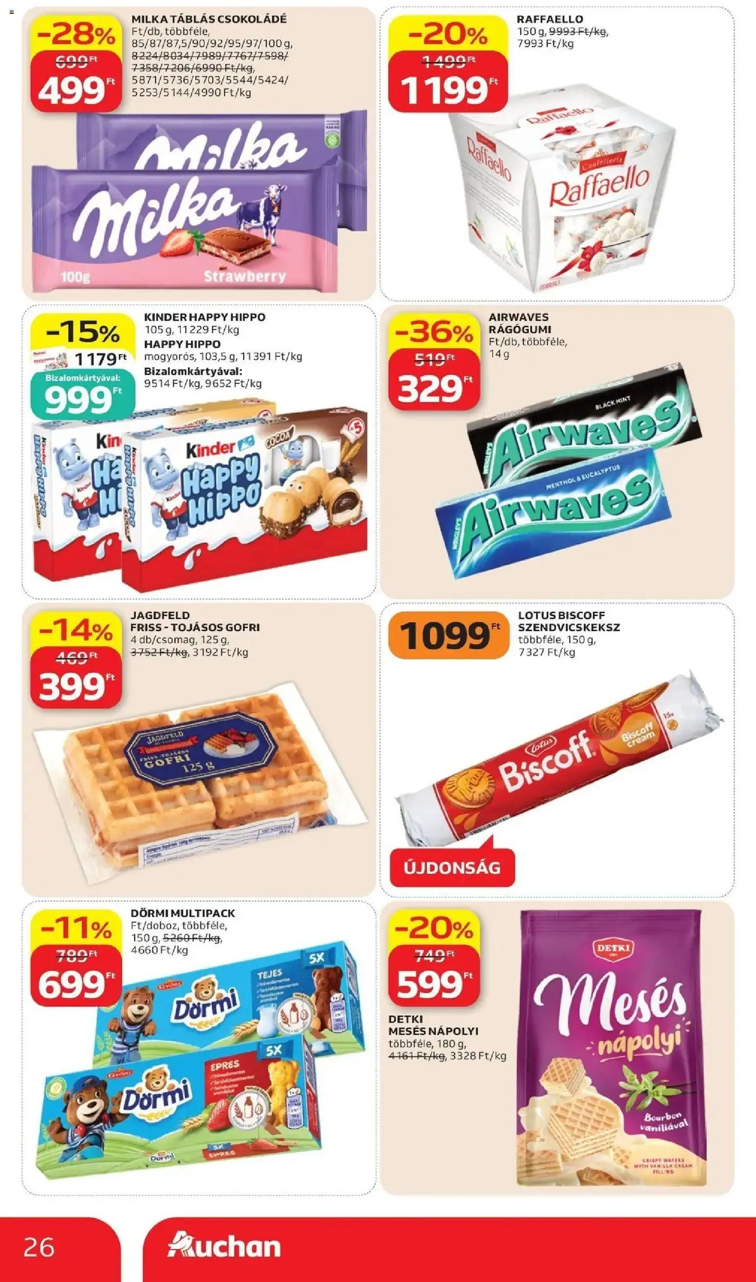 Auchan akciós ujság - amely érvényes a következő dátumtól: 11.06.2026 | Oldal: 26 | Termékek: Rágógumi, Raffaello, Bourbon, Nápolyi
