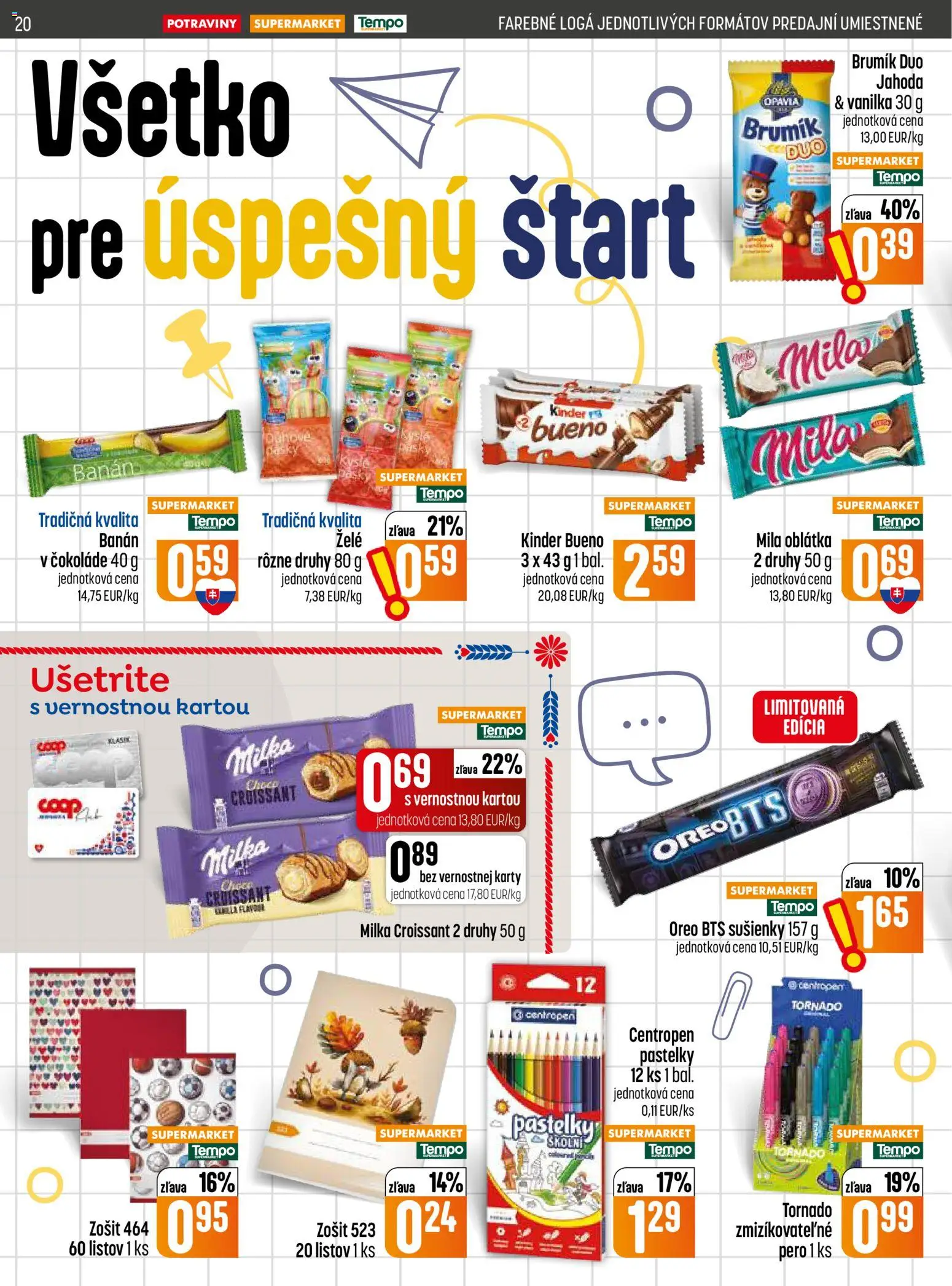 Nové COOP Jednota akcie – leták je platný od 06.08.2026 | Strana: 20 | Produkty: Croissant, Sušienky, Pastelky, Mila