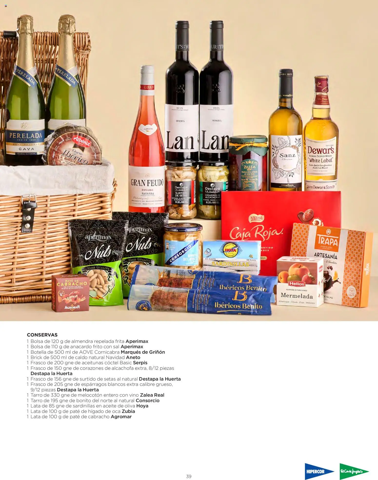 El Corte Inglés Cestas Navidad 2026 │ válido desde el 08/10/2026 | Página: 39 | Productos: Sardinillas, Aceite de oliva, Whisky, Bolsa