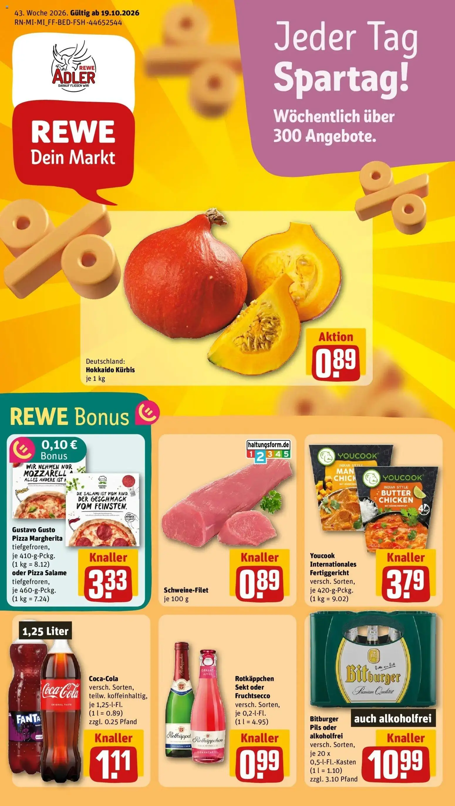 REWE Prospekt ab 19.10.2026 zum Blättern » Angebote | Seite: 1 | Produkte: Gustavo gusto, Pils, Äpfel, Kürbis