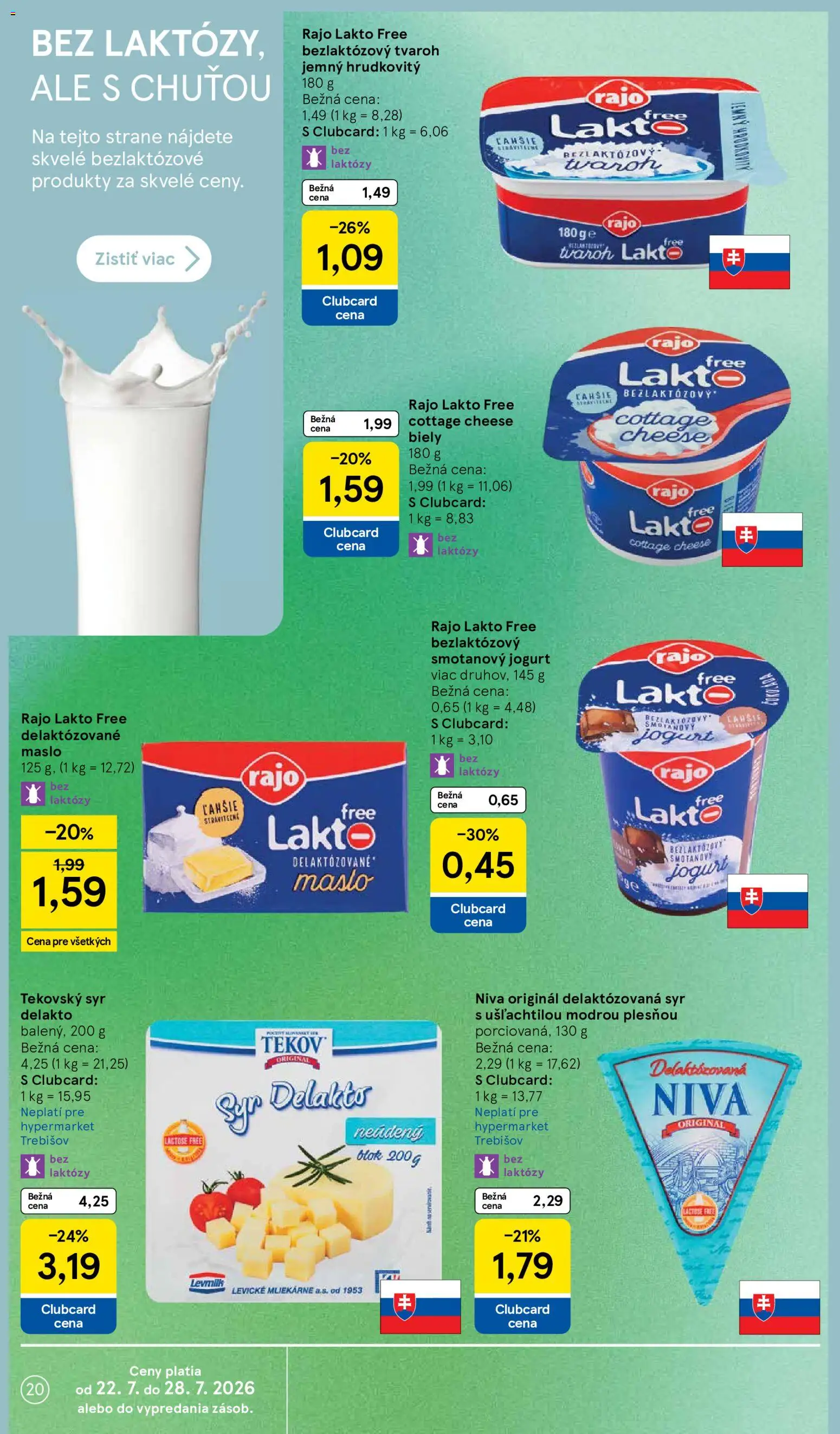 Nové Tesco akcie – leták je platný od 22.07.2026 | Strana: 20 | Produkty: Syr, Cottage cheese, Tvaroh, Smotanový jogurt