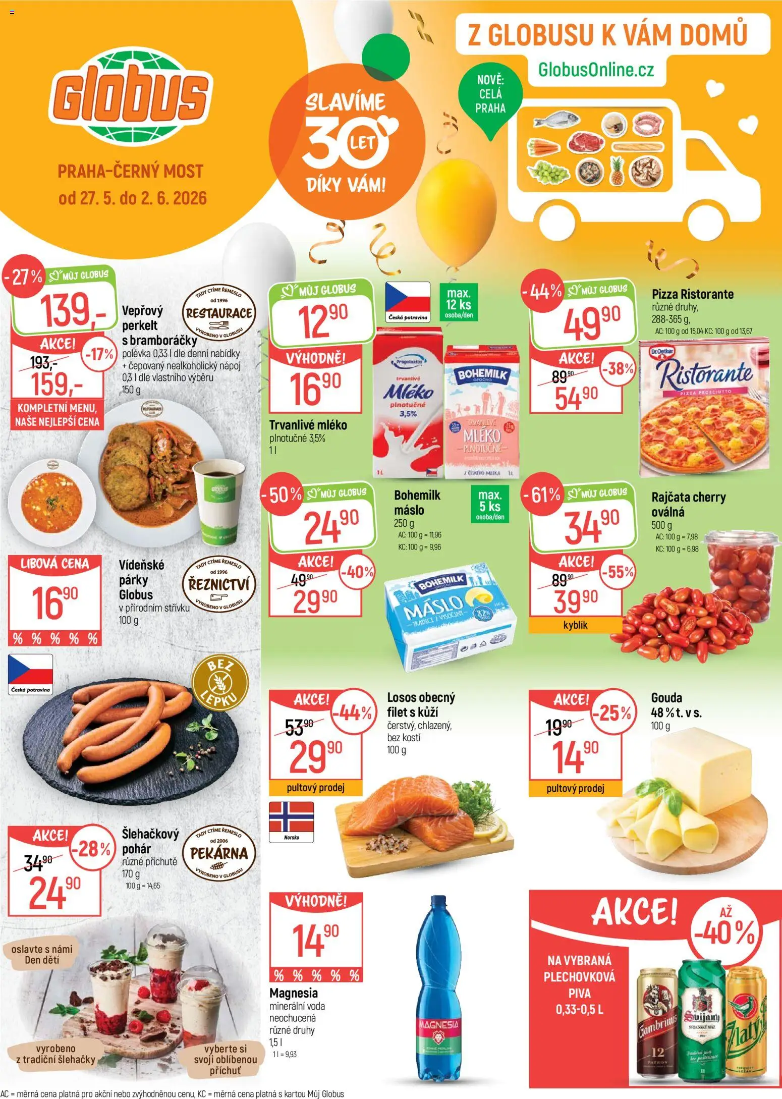 Globus leták - Praha Černý Most od 27.05.2026 | Strana: 1 | Produkty: Voda, Globus, Pizza, Losos