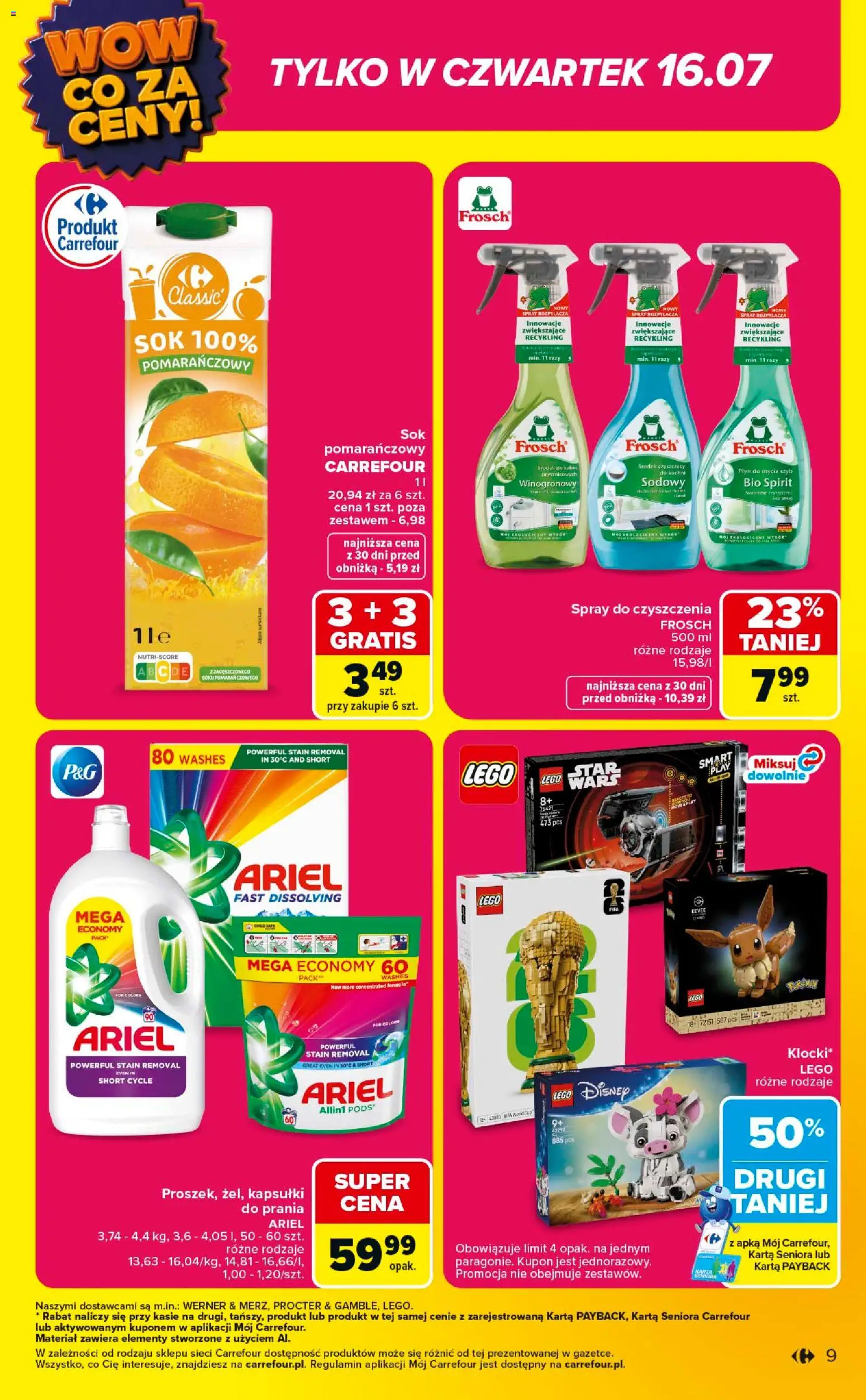 Carrefour gazetka - Wow co za ceny od 13.07.2026 | Strona: 9 | Produkty: Karta, Lego, Ariel, Sok
