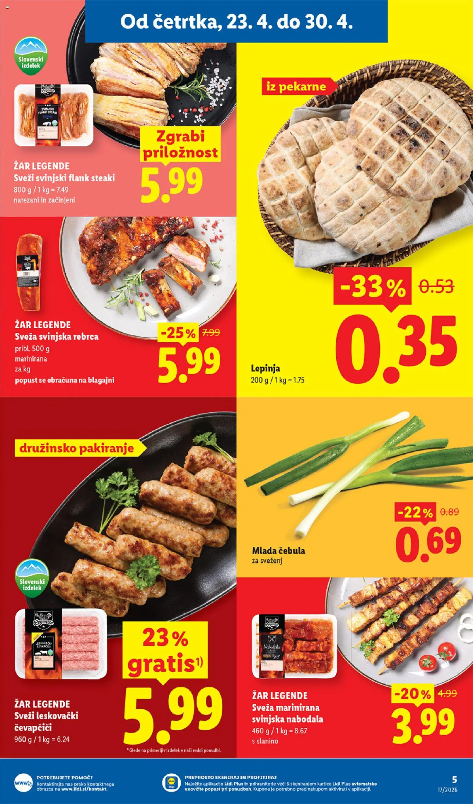 Novi Lidl katalog ponudbe – veljaven od 23.04.2026 | Stran: 5 | Izdelki: Lepinja, Rebrca, Čevapčiči, Nabodala