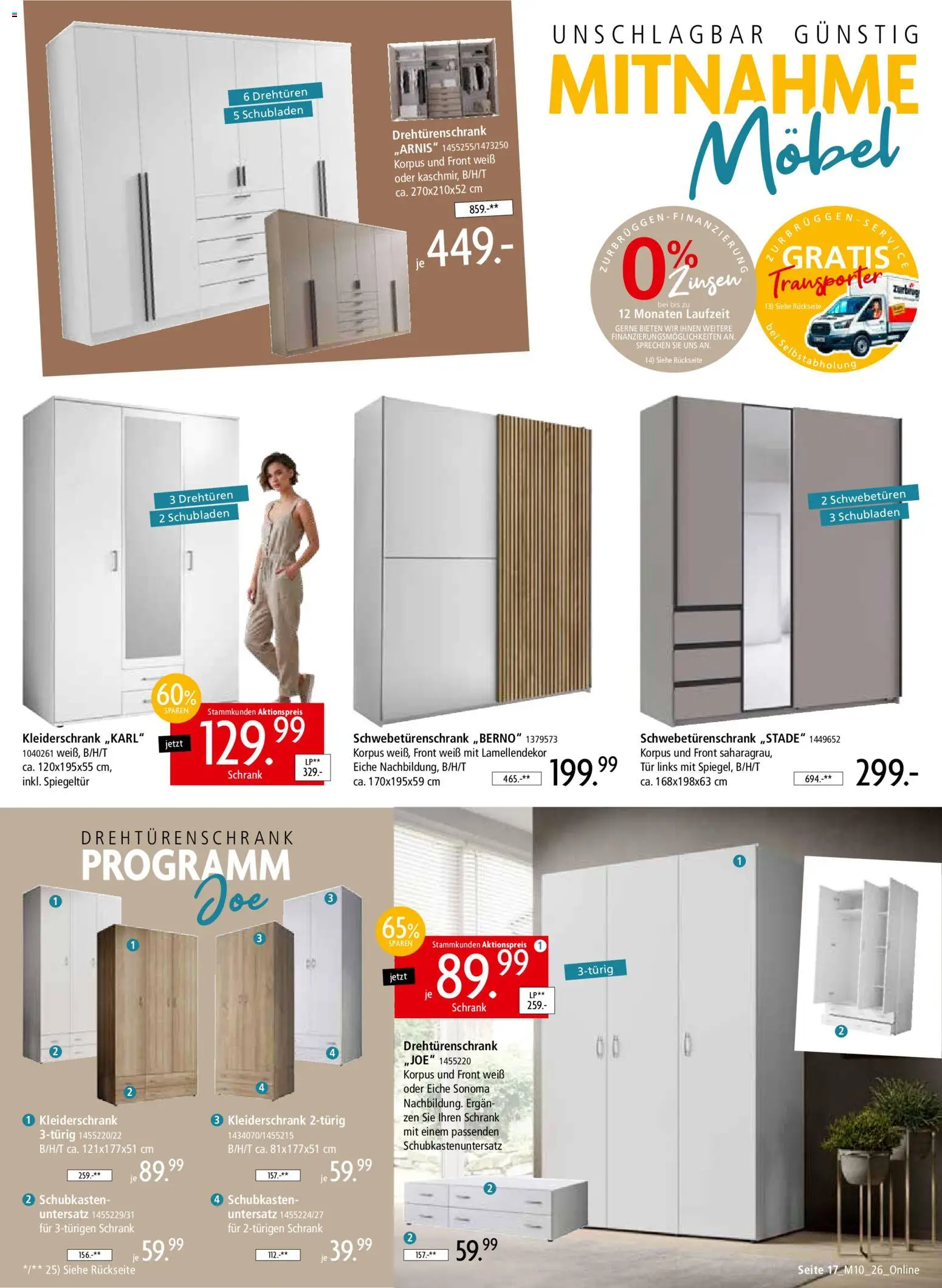Zurbrüggen Mitnahme Möbel – gültig ab 08.08.2026 | Seite: 17 | Produkte: Schwebetürenschrank, Drehtürenschrank, Schrank, Tür