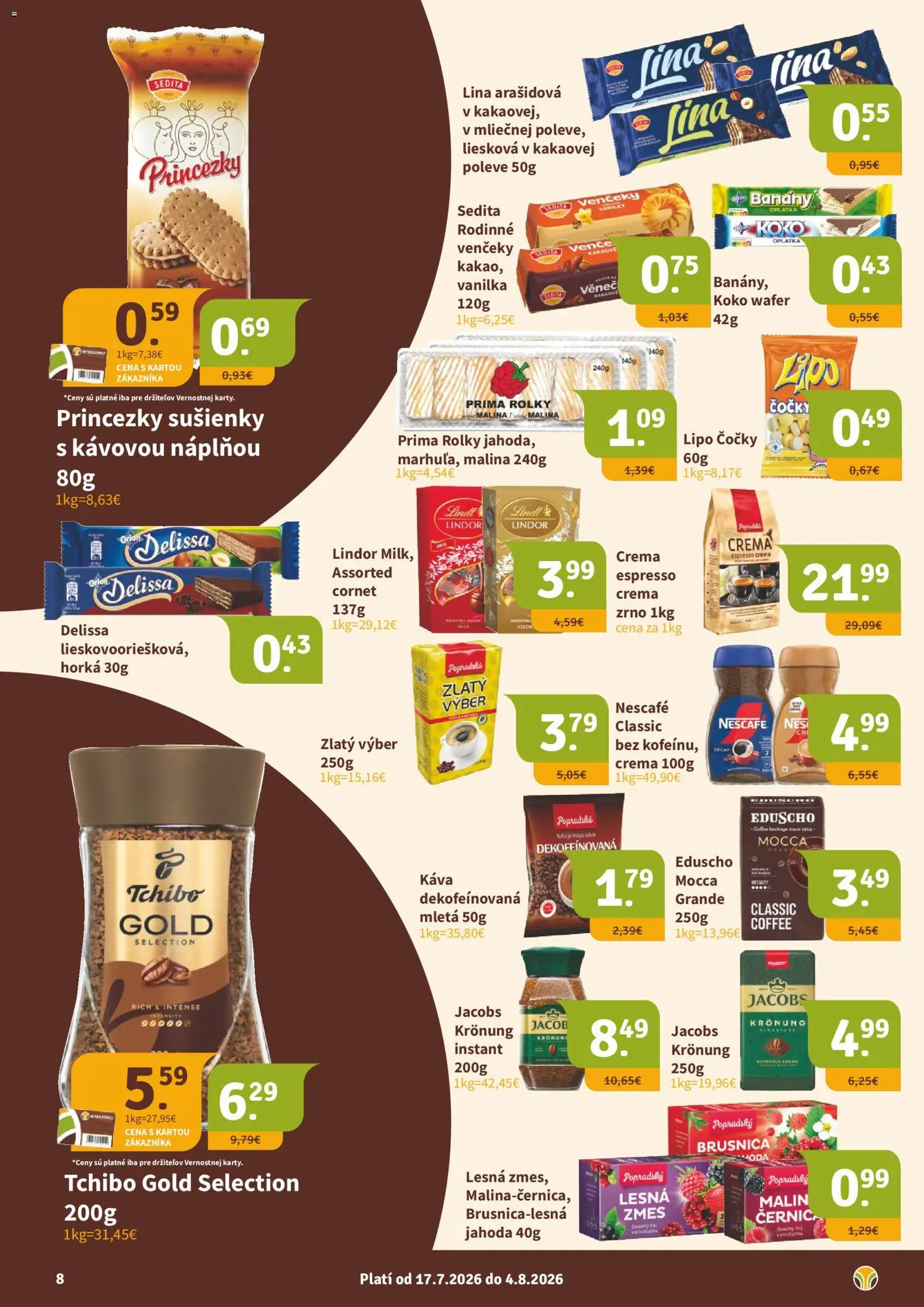 Nové Nitrazdroj akcie – leták je platný od 17.07.2026 | Strana: 8 | Produkty: Káva, Banány, Lindor, Nescafé Classic