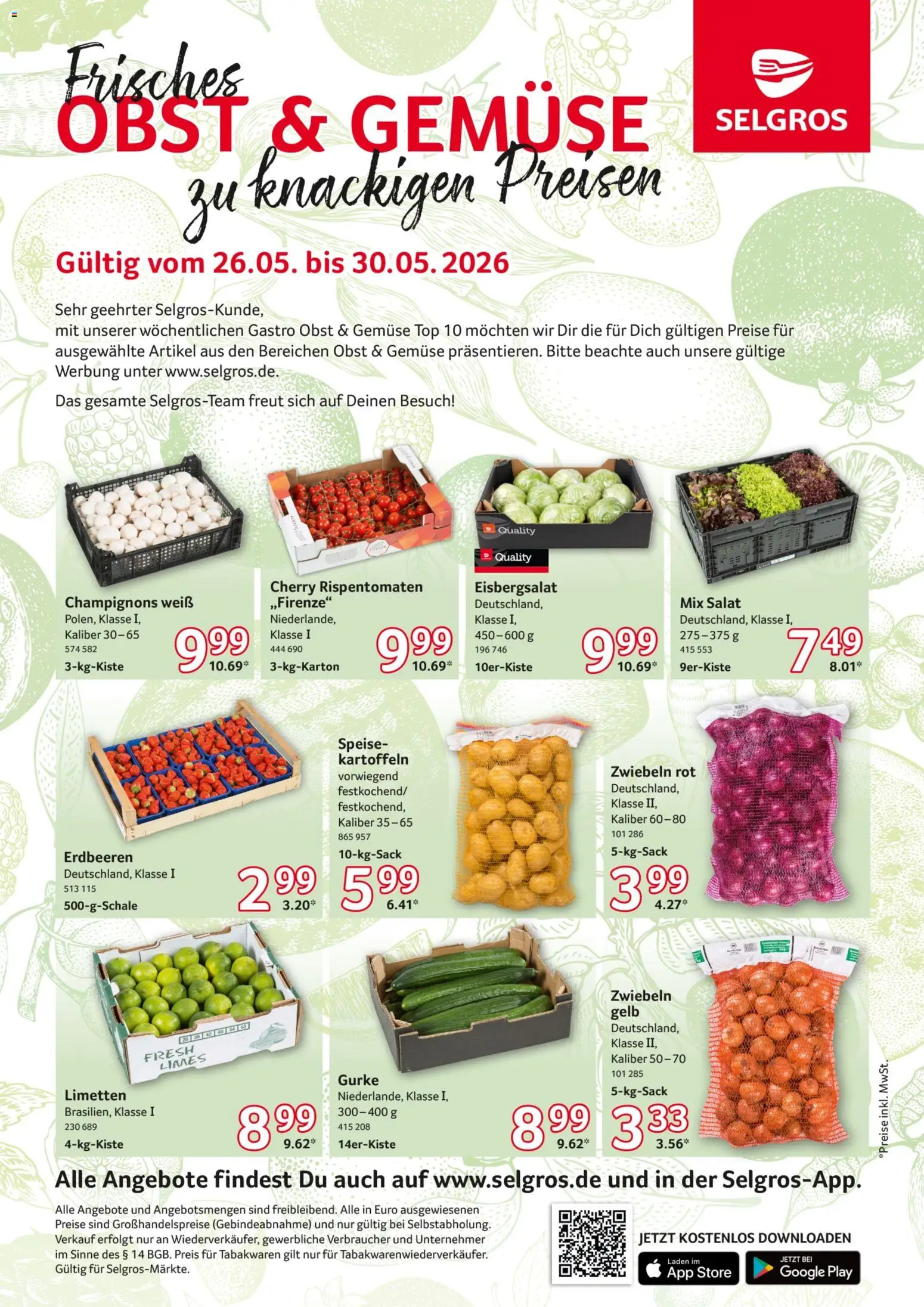 Selgros Obst & Gemüse – gültig ab 26.05.2026 | Seite: 1 | Produkte: Limetten, Zwiebeln, Gemüse, Salat