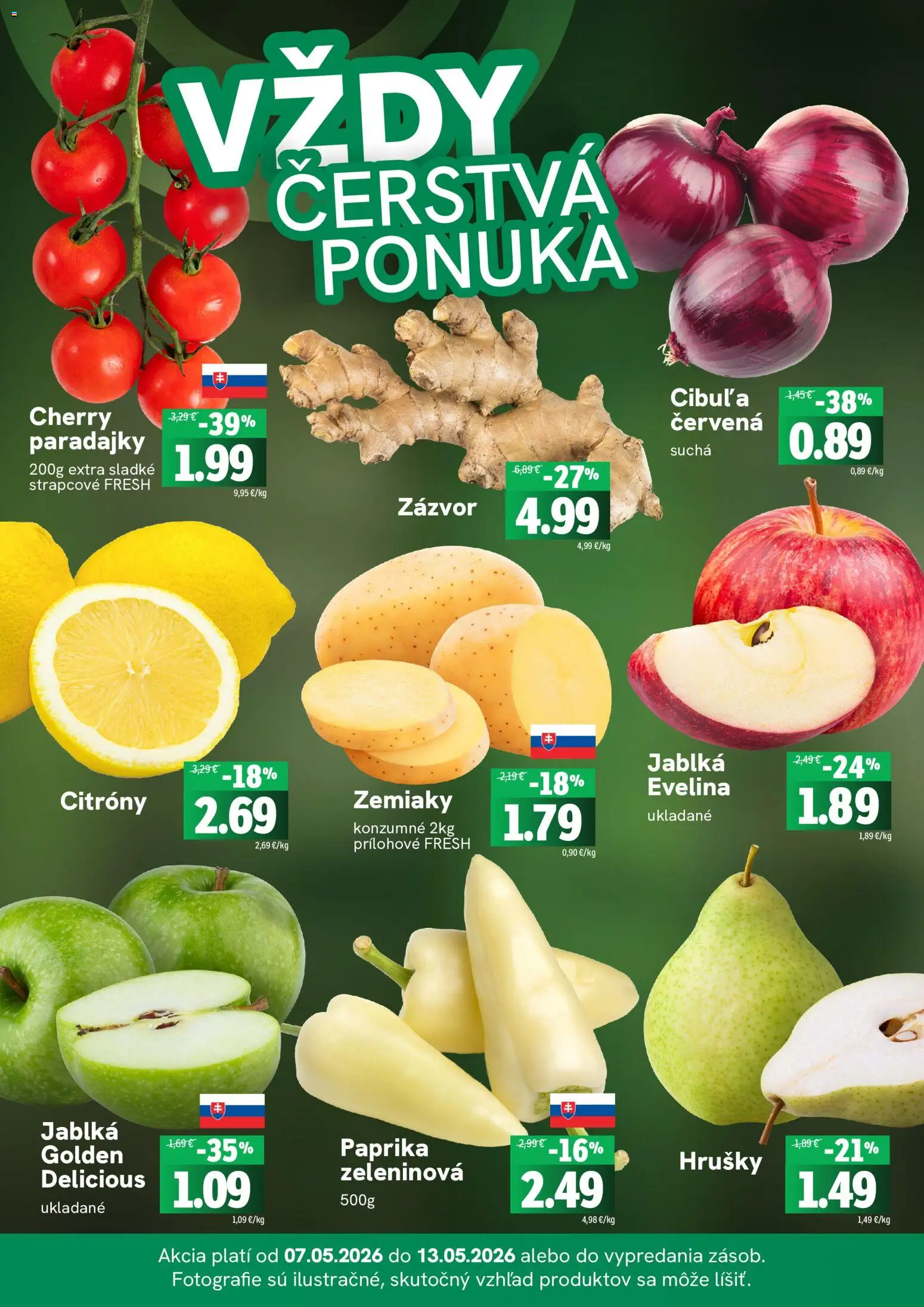 Nové Fresh akcie – leták je platný od 07.05.2026 | Strana: 3 | Produkty: Paprika, Zázvor, Paradajky, Citróny